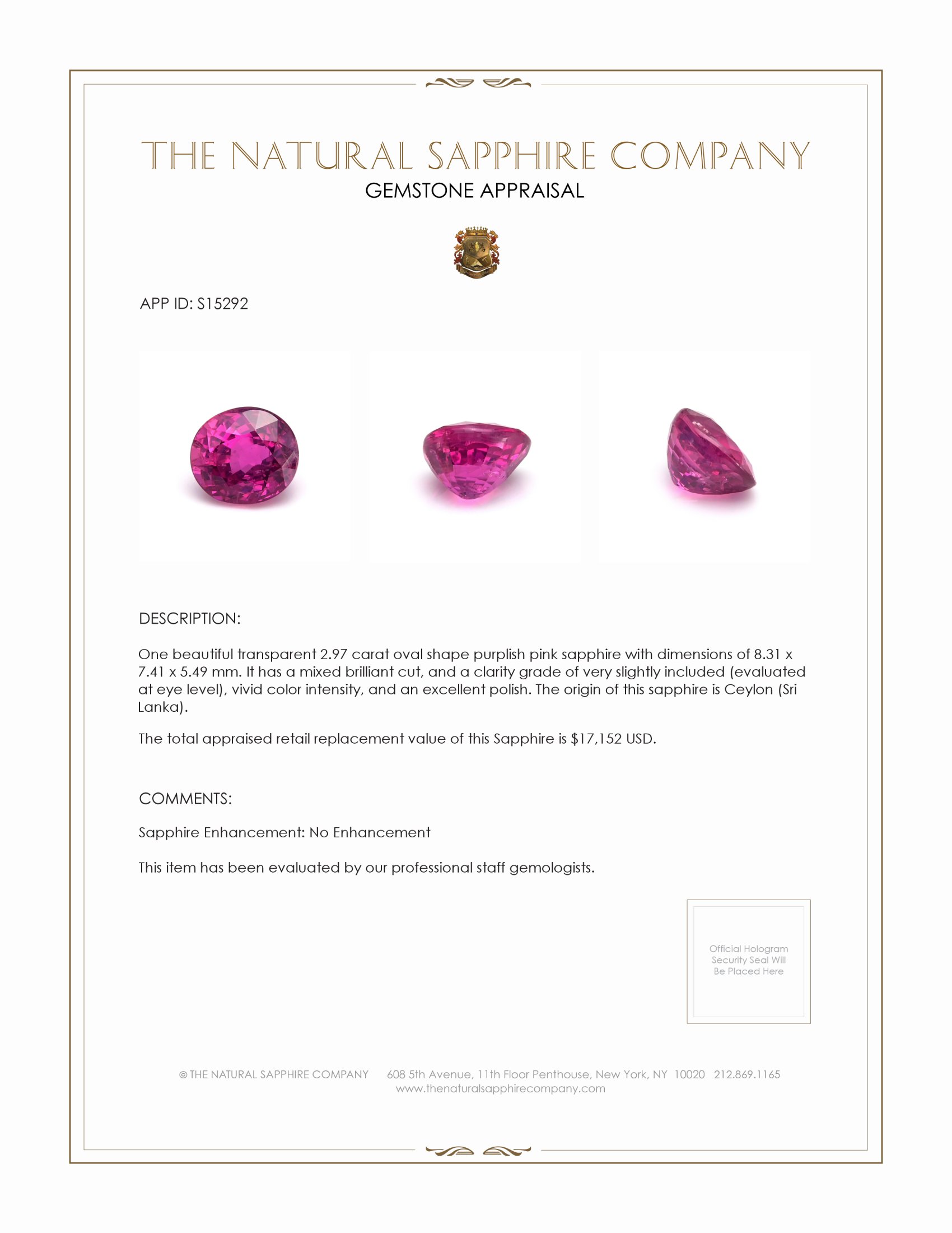2.97 Ct. Purplish Pink Sapphire from Ceylon (Sri Lanka)