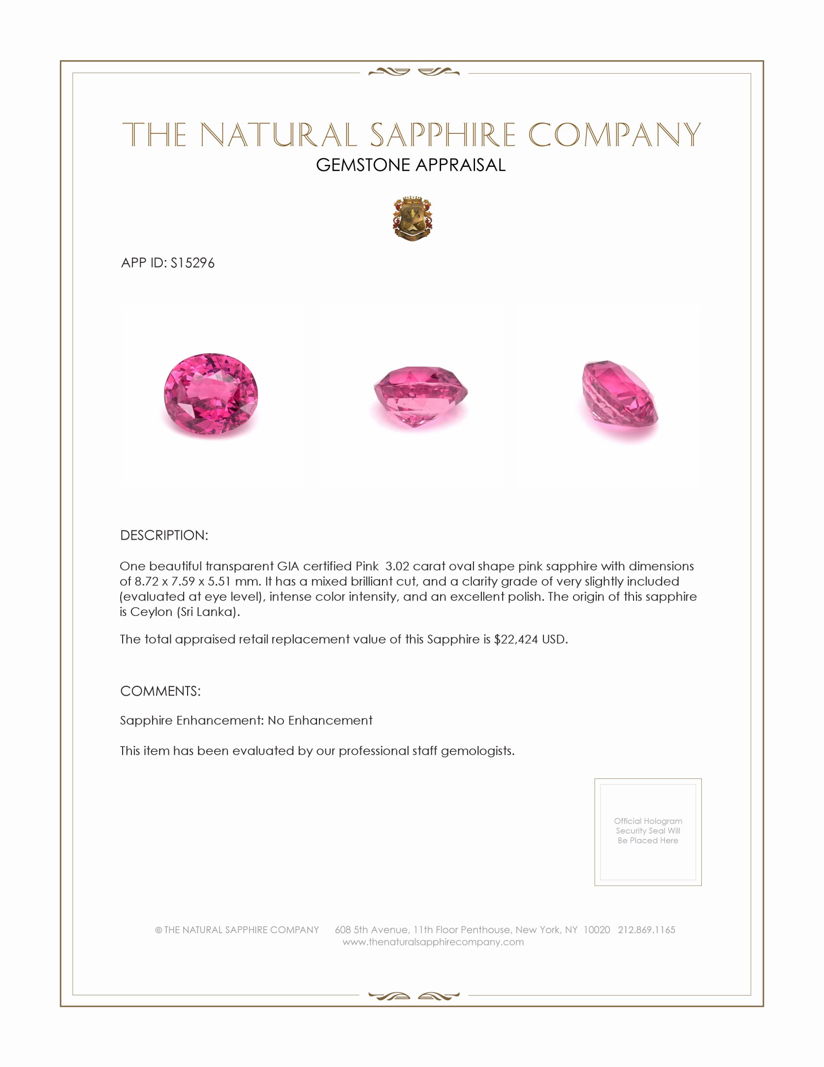 3.02 Ct. Pink Sapphire from Ceylon (Sri Lanka)