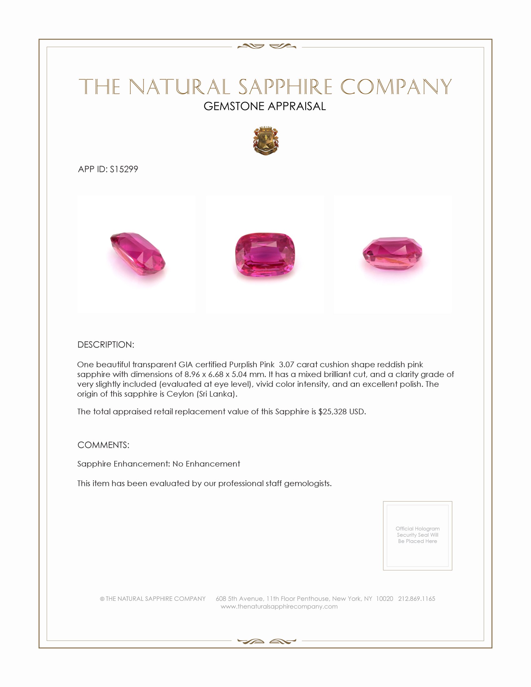 3.07 Ct. Reddish Pink Sapphire from Ceylon (Sri Lanka)