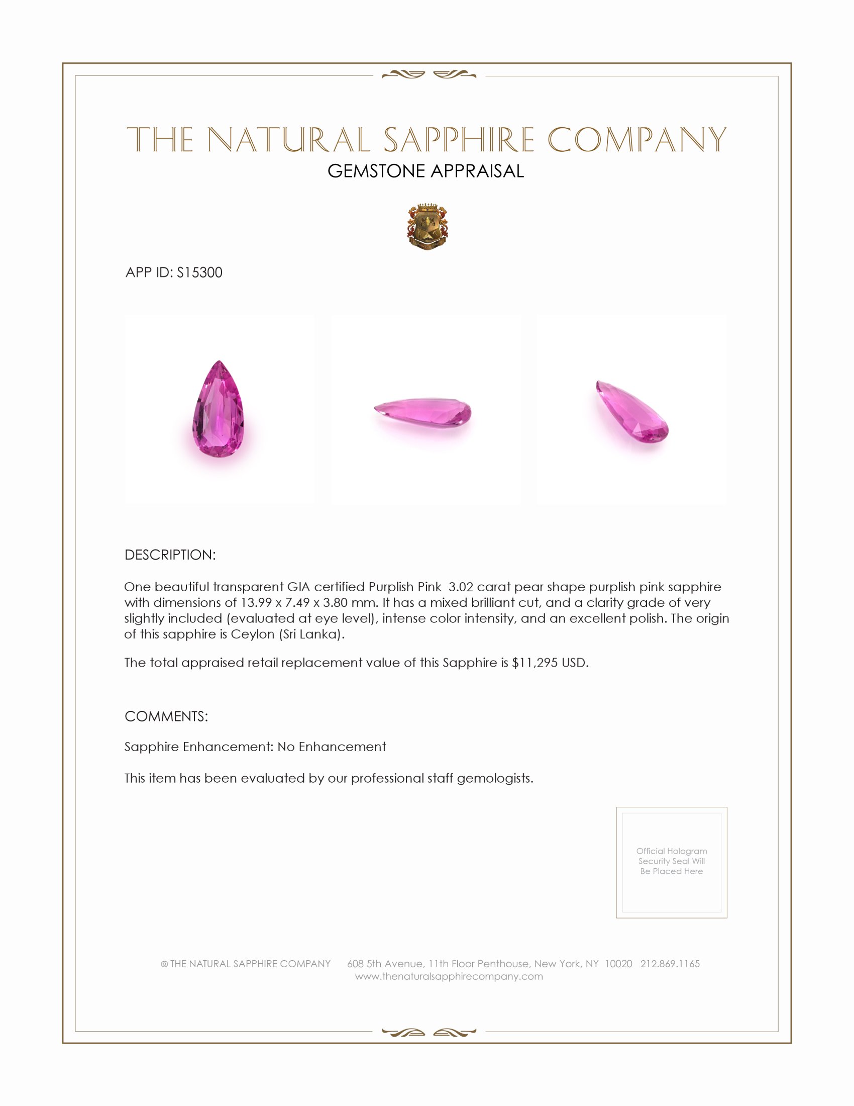 3.02 Ct. Purplish Pink Sapphire from Ceylon (Sri Lanka)