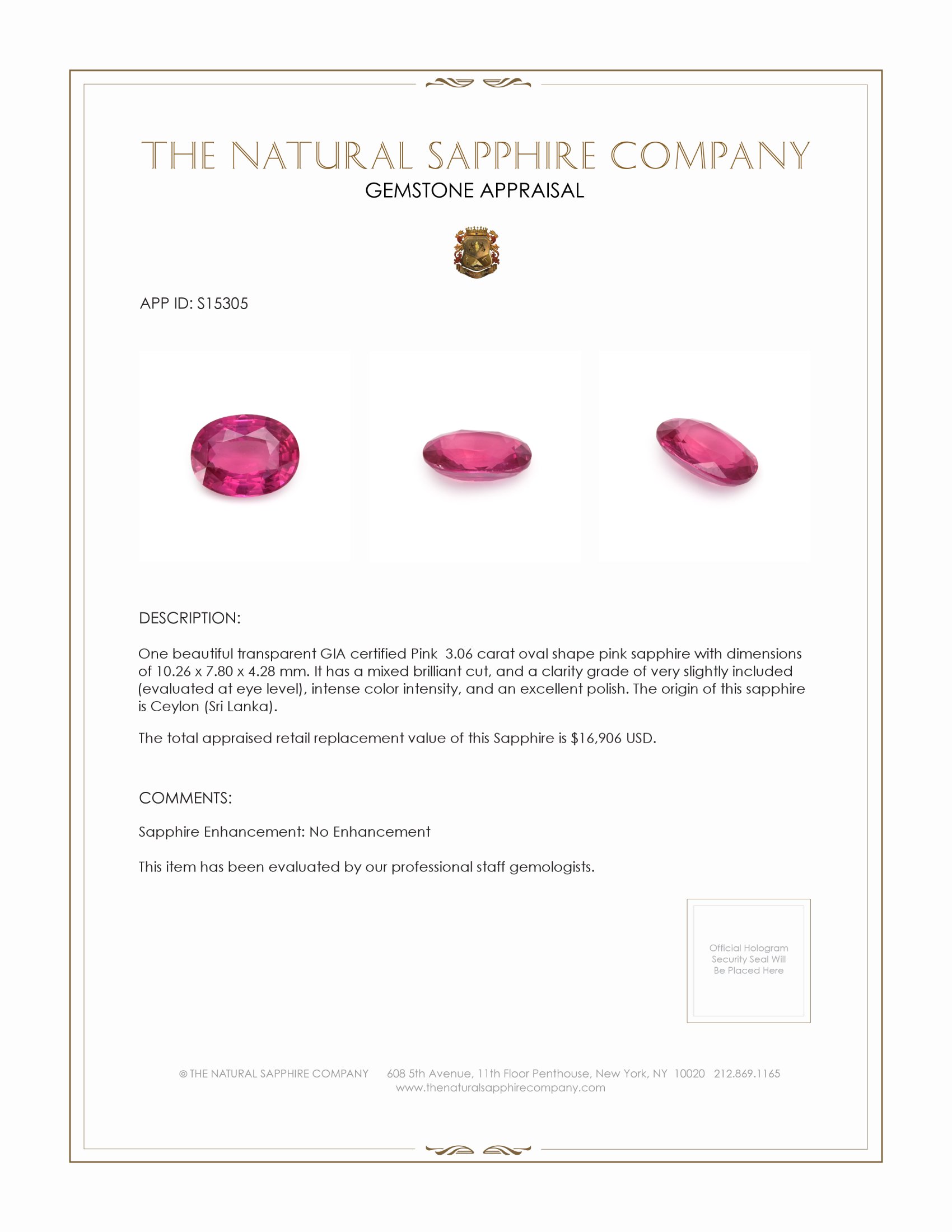 3.06 Ct. Pink Sapphire from Ceylon (Sri Lanka)
