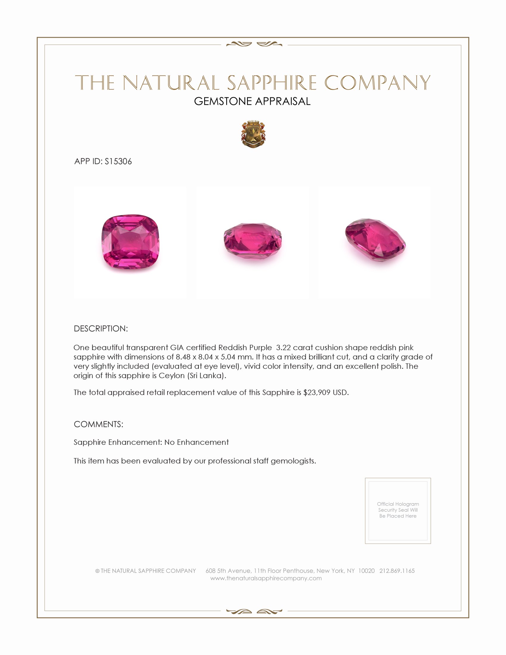3.22 Ct. Reddish Pink Sapphire from Ceylon (Sri Lanka)