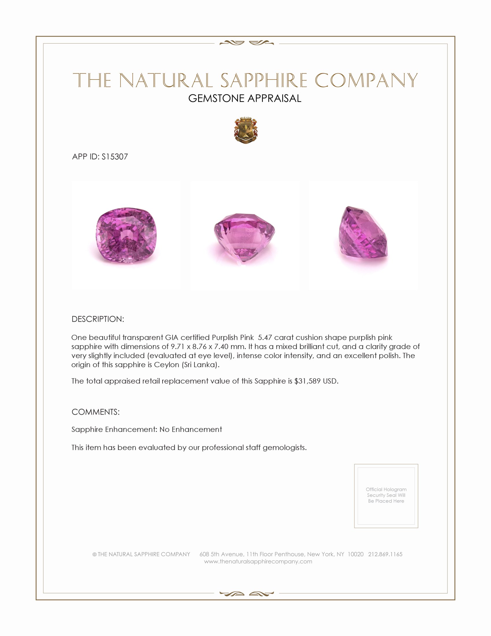 5.47 Ct. Purplish Pink Sapphire from Ceylon (Sri Lanka)