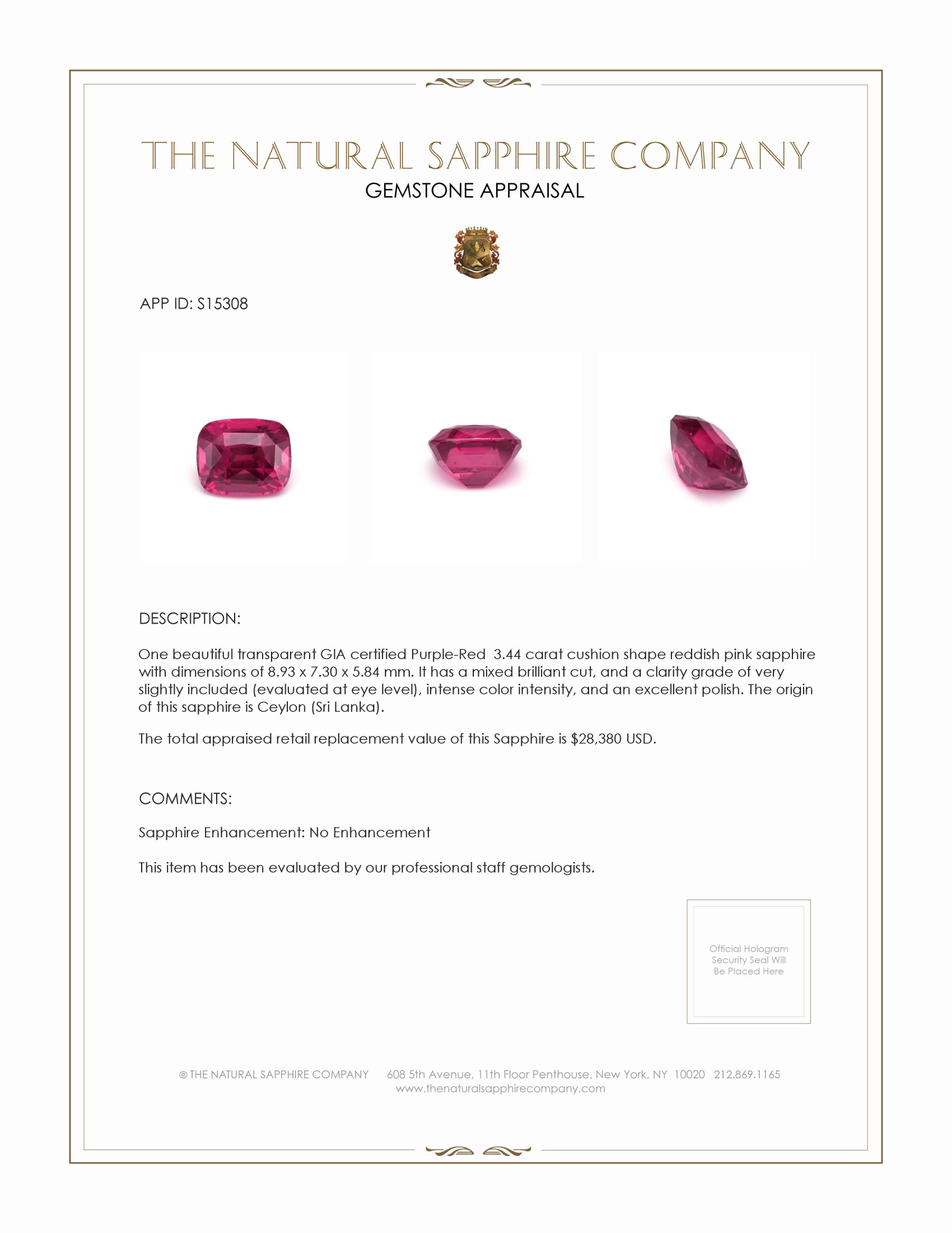 3.44 Ct. Reddish Pink Sapphire from Ceylon (Sri Lanka)