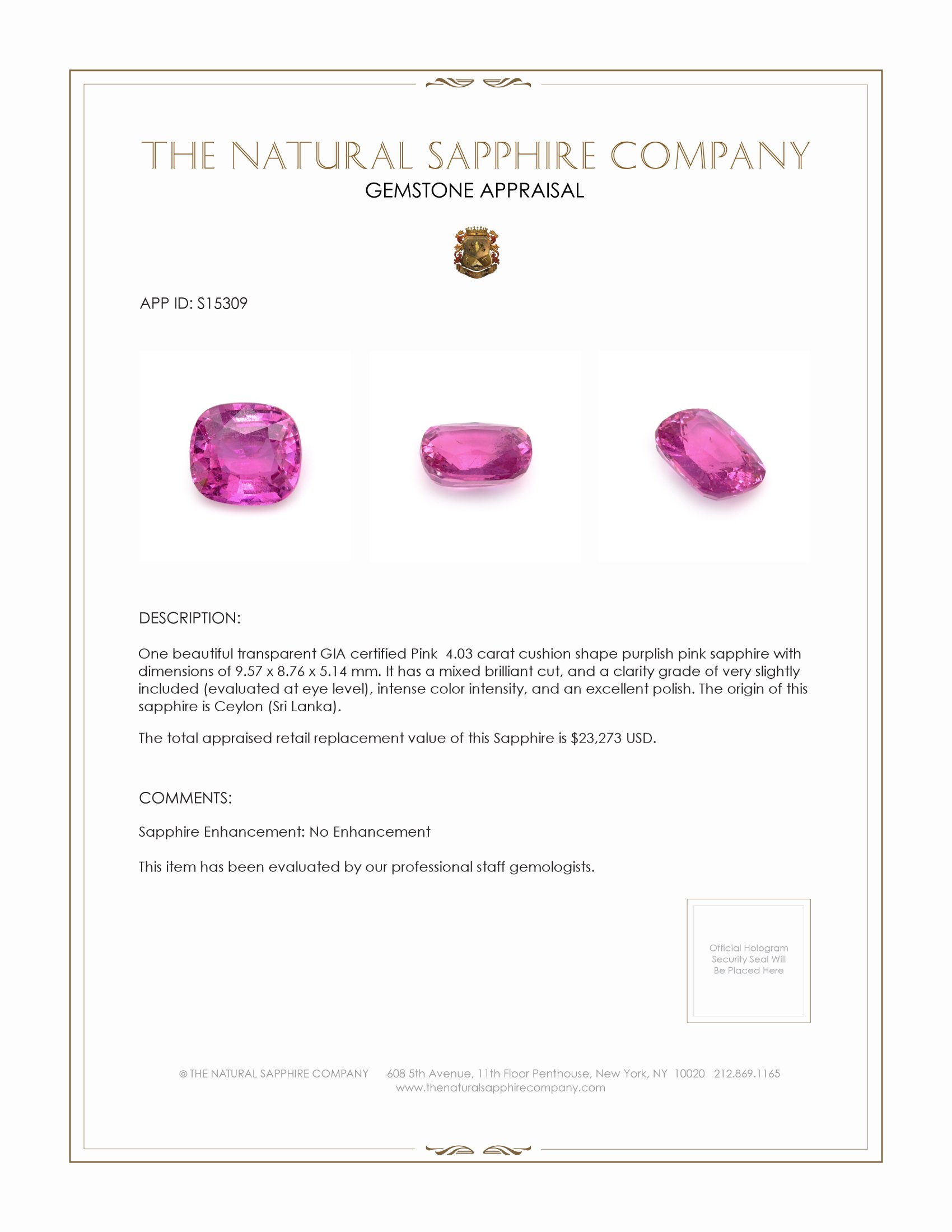 4.03 Ct. Purplish Pink Sapphire from Ceylon (Sri Lanka)