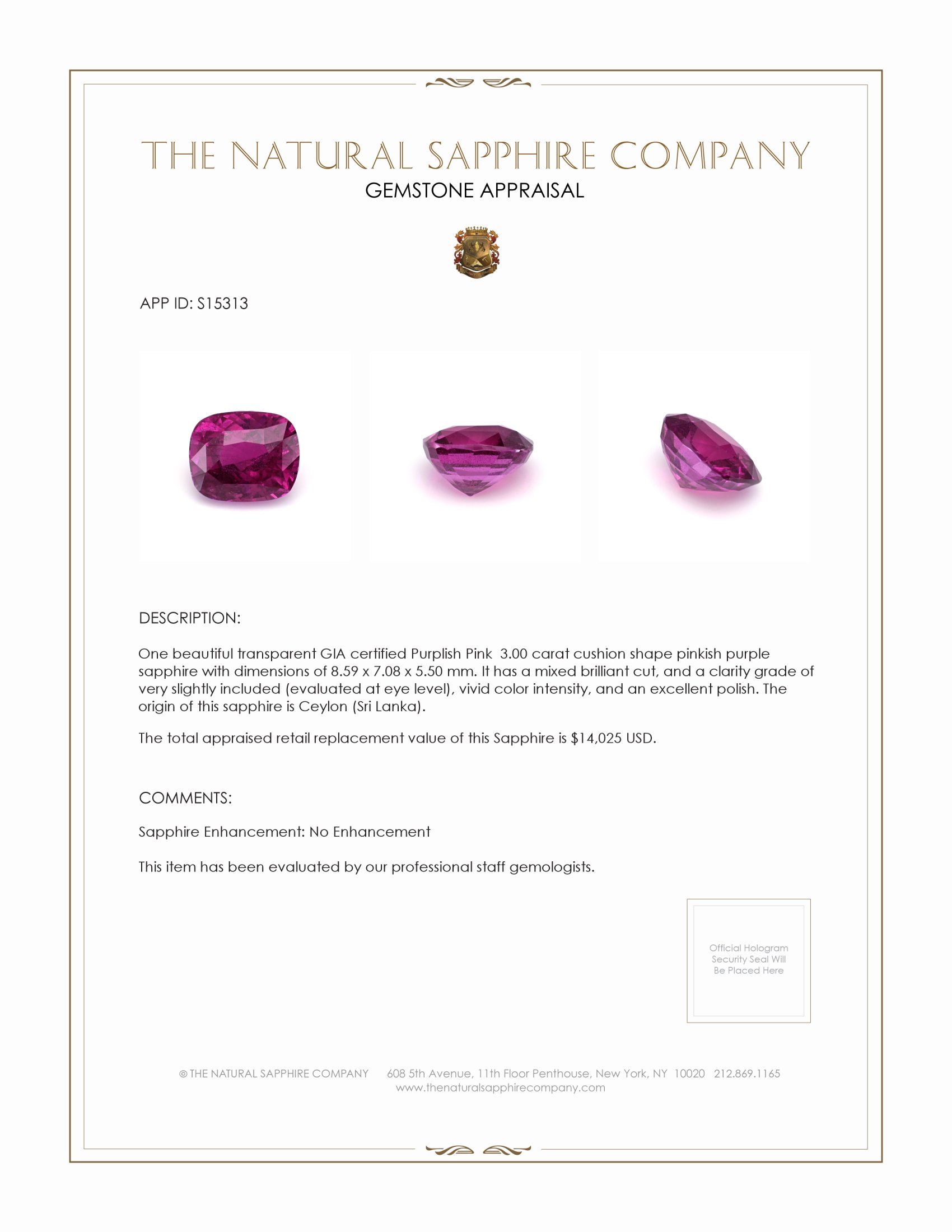 3.00 Ct. Pinkish Purple Sapphire from Ceylon (Sri Lanka)