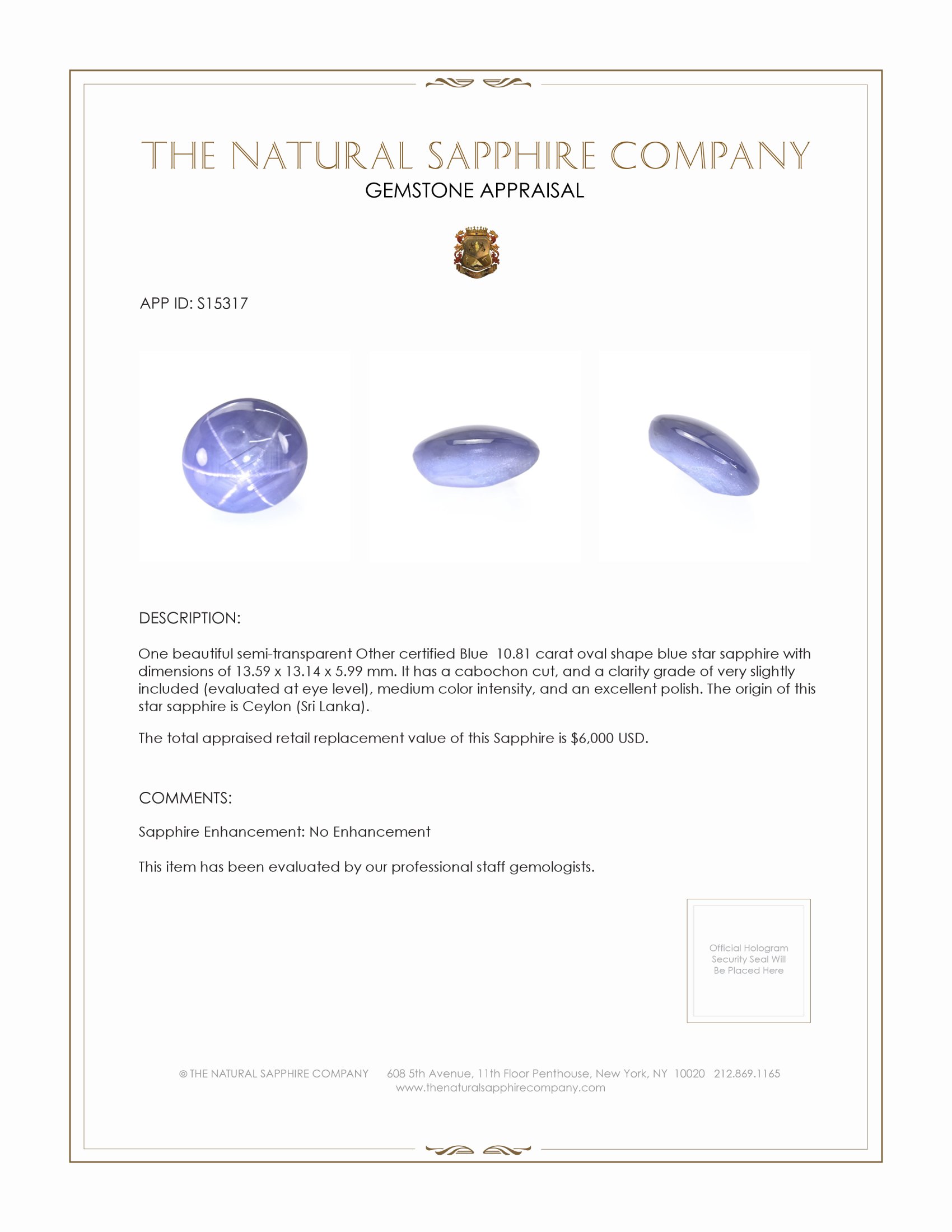 10.81 Ct. Blue Star Sapphire from Ceylon (Sri Lanka)