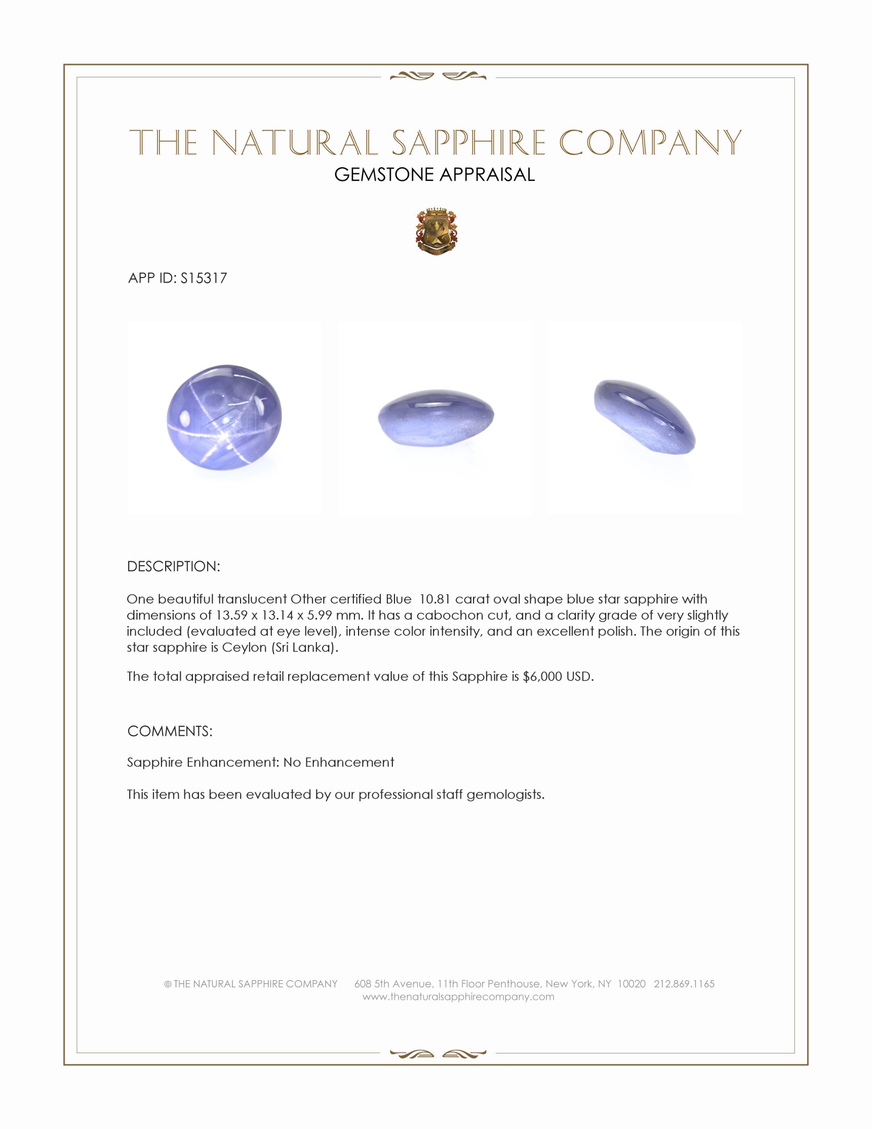 10.81 Ct. Blue Star Sapphire from Ceylon (Sri Lanka)