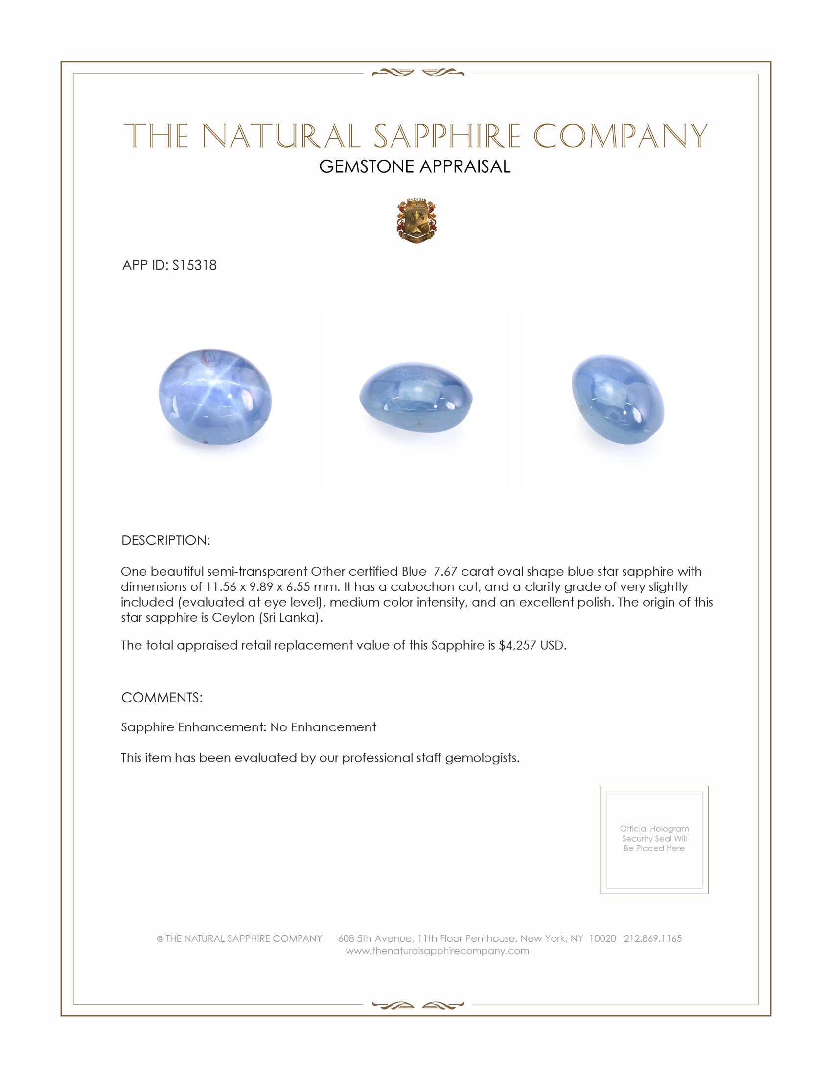 7.67 Ct. Blue Star Sapphire from Ceylon (Sri Lanka)