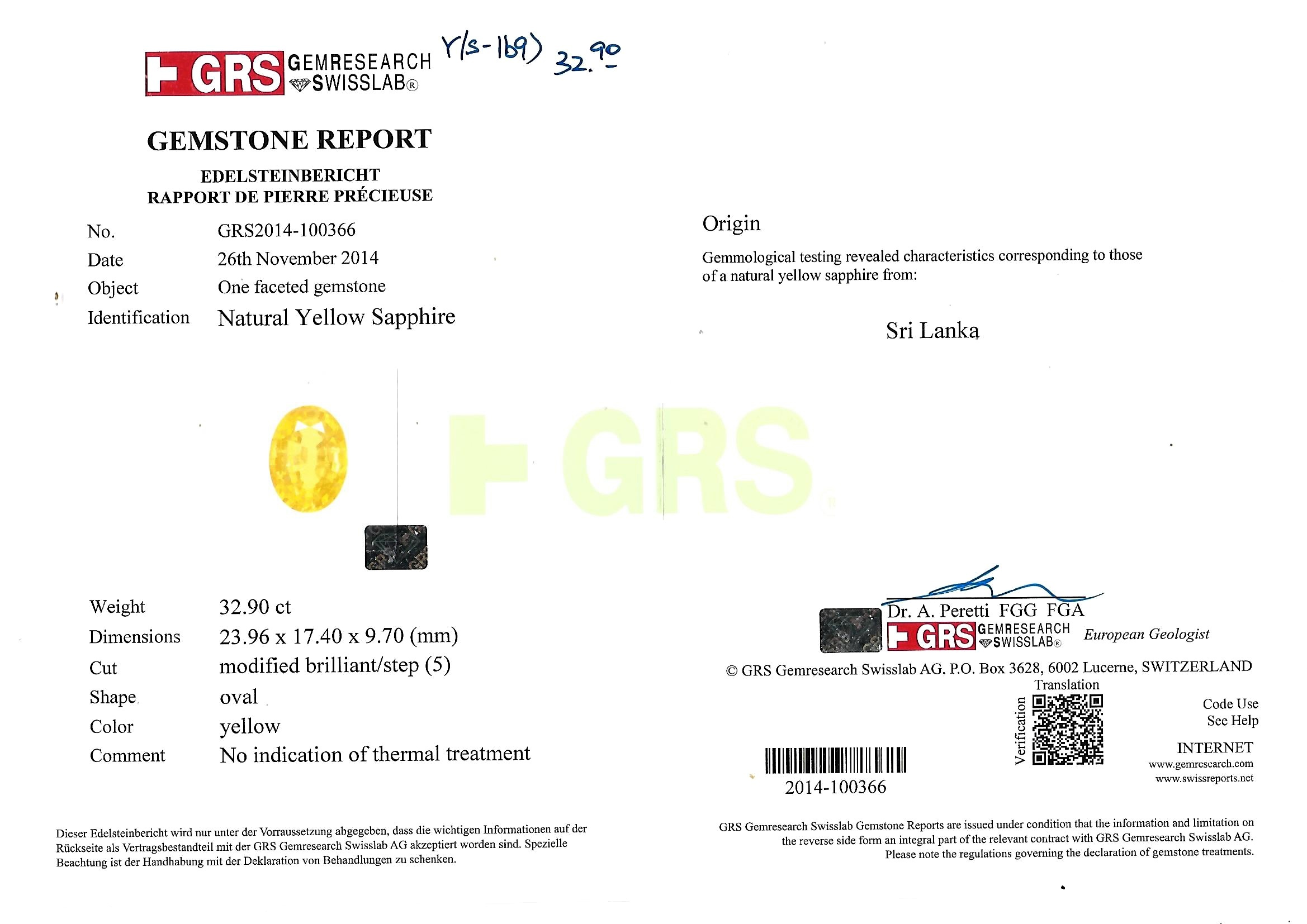 32.90 Ct. Yellow Sapphire from Ceylon (Sri Lanka)