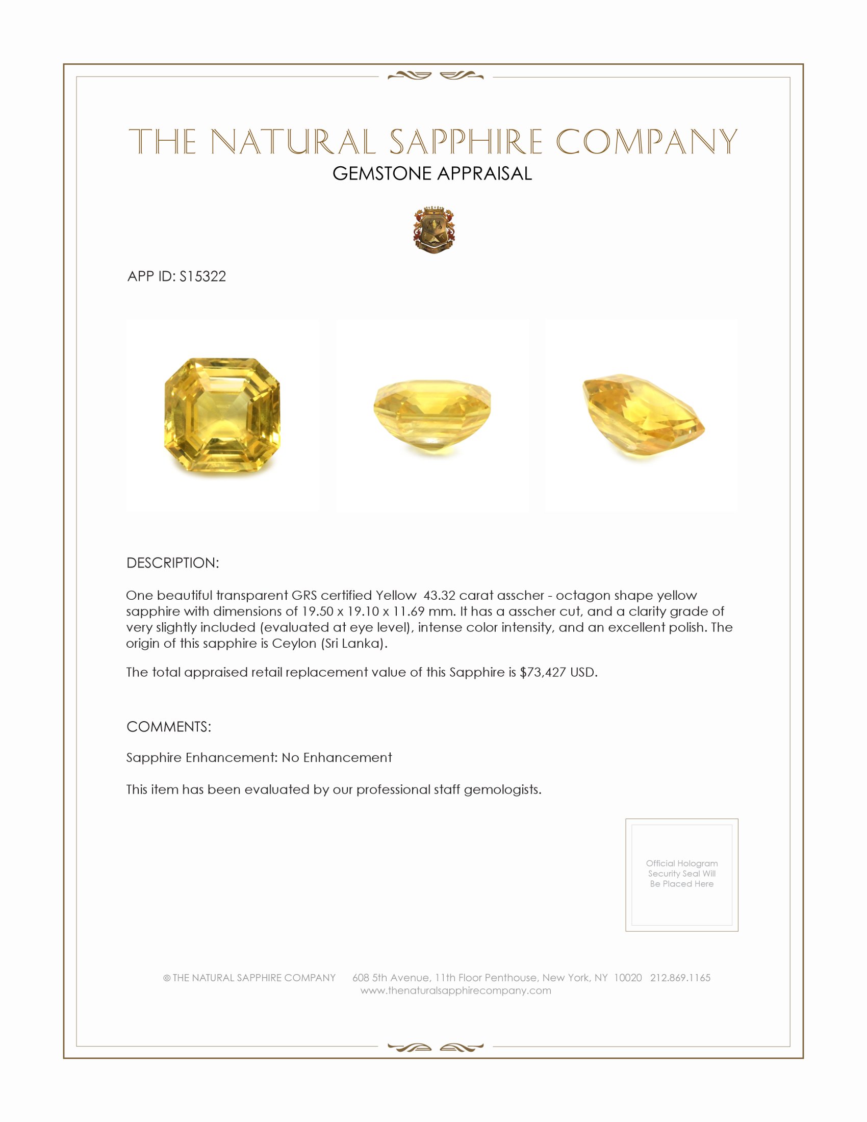 43.32 Ct. Yellow Sapphire from Ceylon (Sri Lanka)