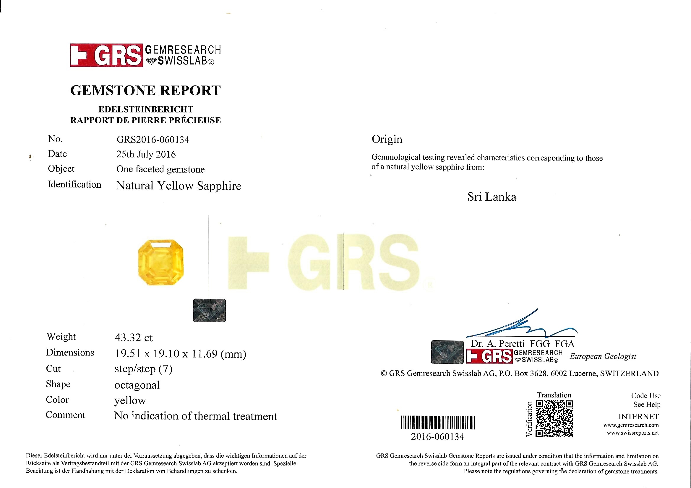 43.32 Ct. Yellow Sapphire from Ceylon (Sri Lanka)