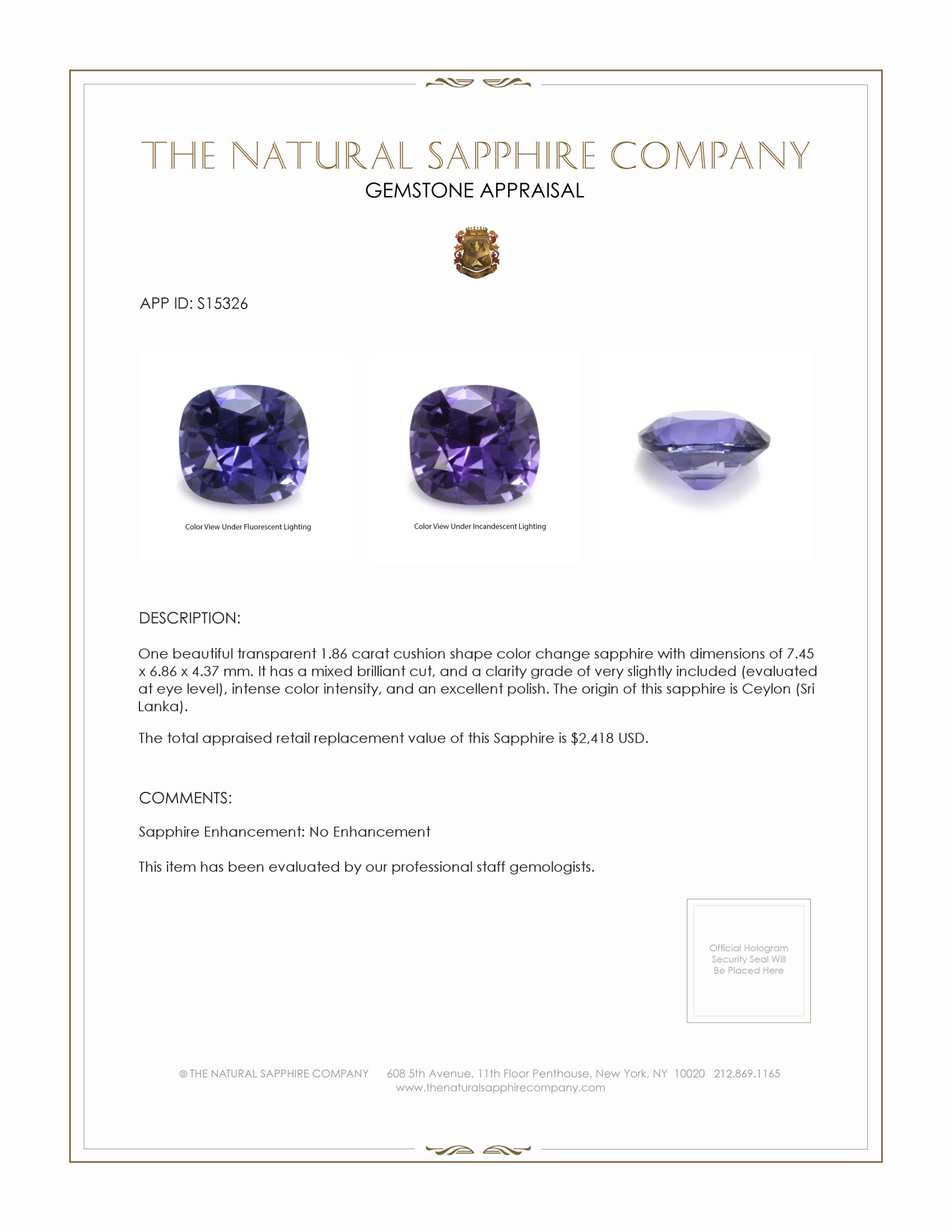 1.86 Ct. Color Change Sapphire from Ceylon (Sri Lanka)