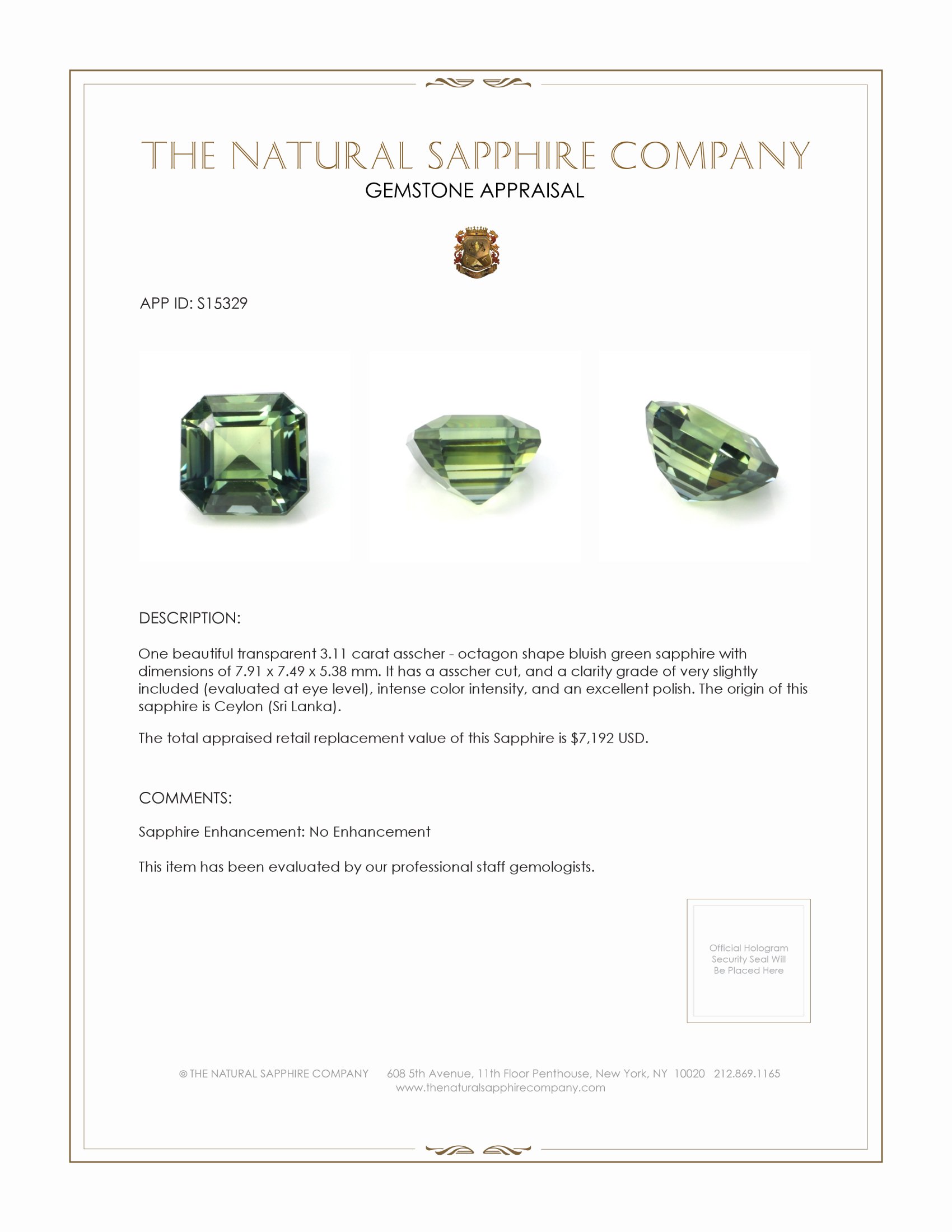 3.11 Ct. Bluish Green Sapphire from Ceylon (Sri Lanka)