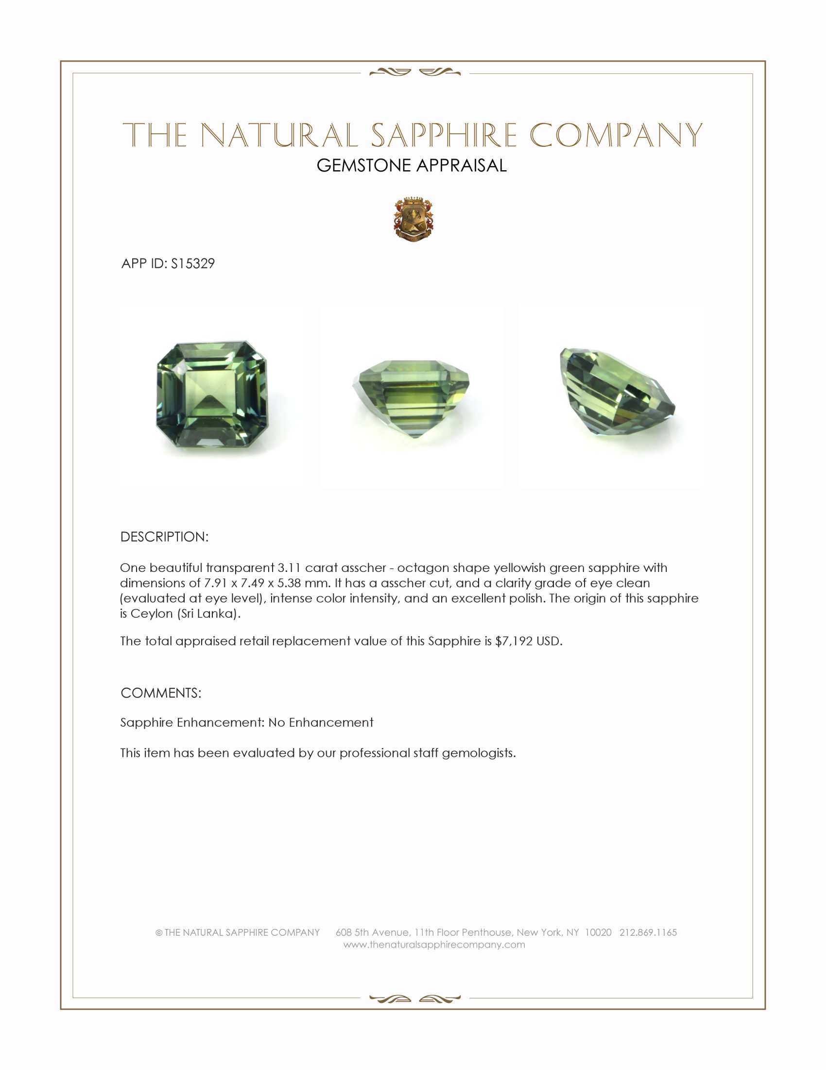 3.11 Ct. Yellowish Green Sapphire from Ceylon (Sri Lanka)