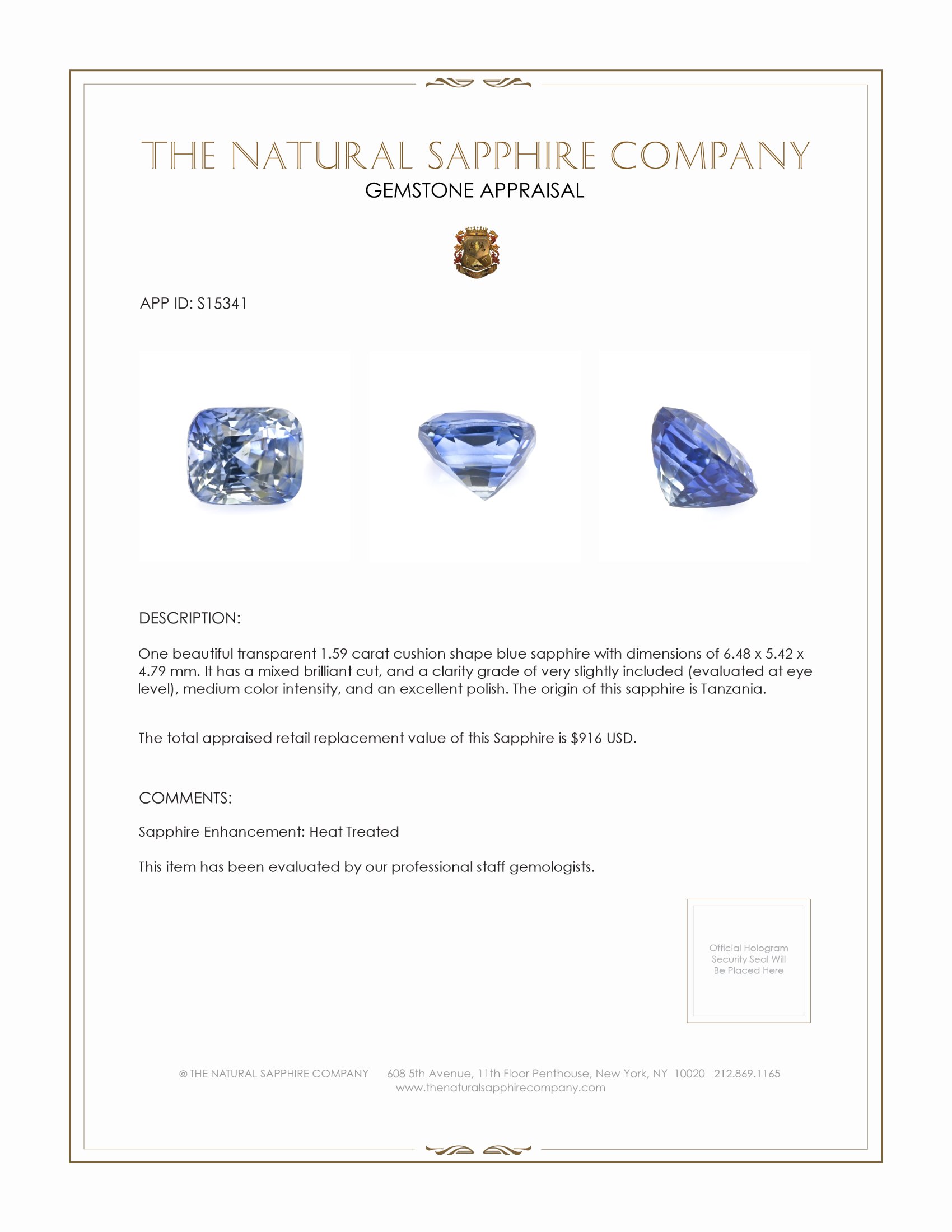 1.59 Ct. Blue Sapphire from Tanzania