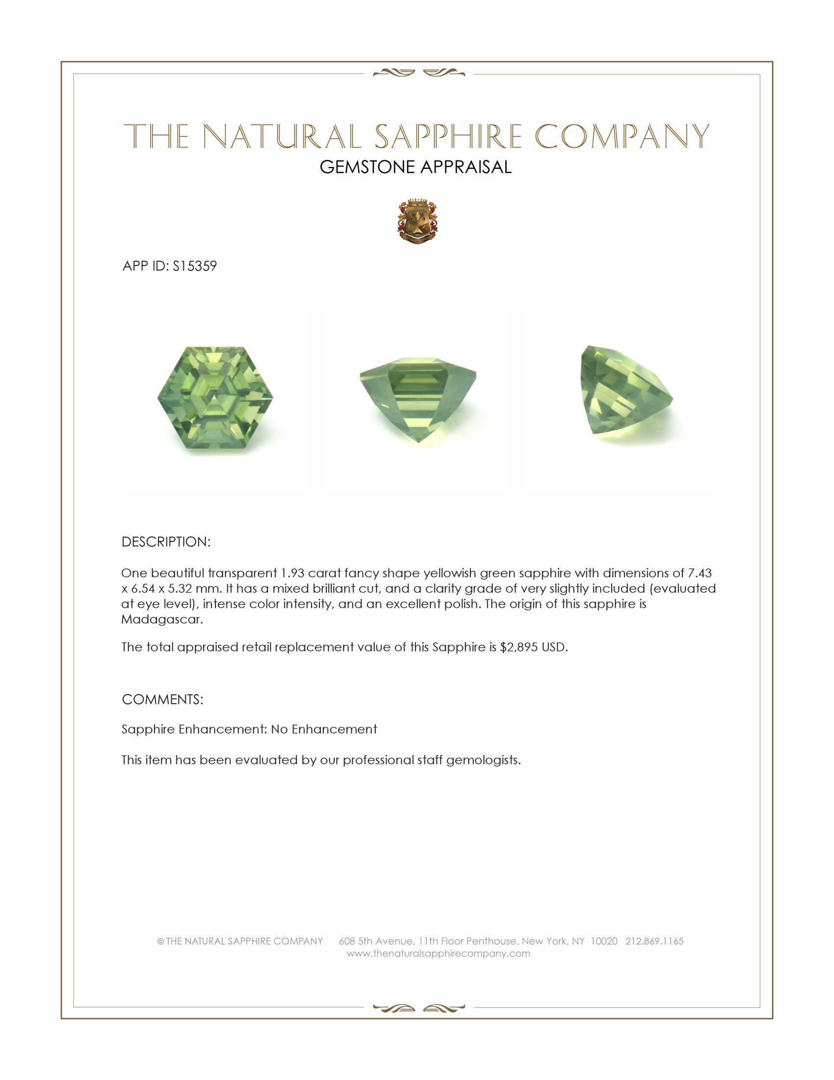 1.93 Ct. Yellowish Green Sapphire from Madagascar