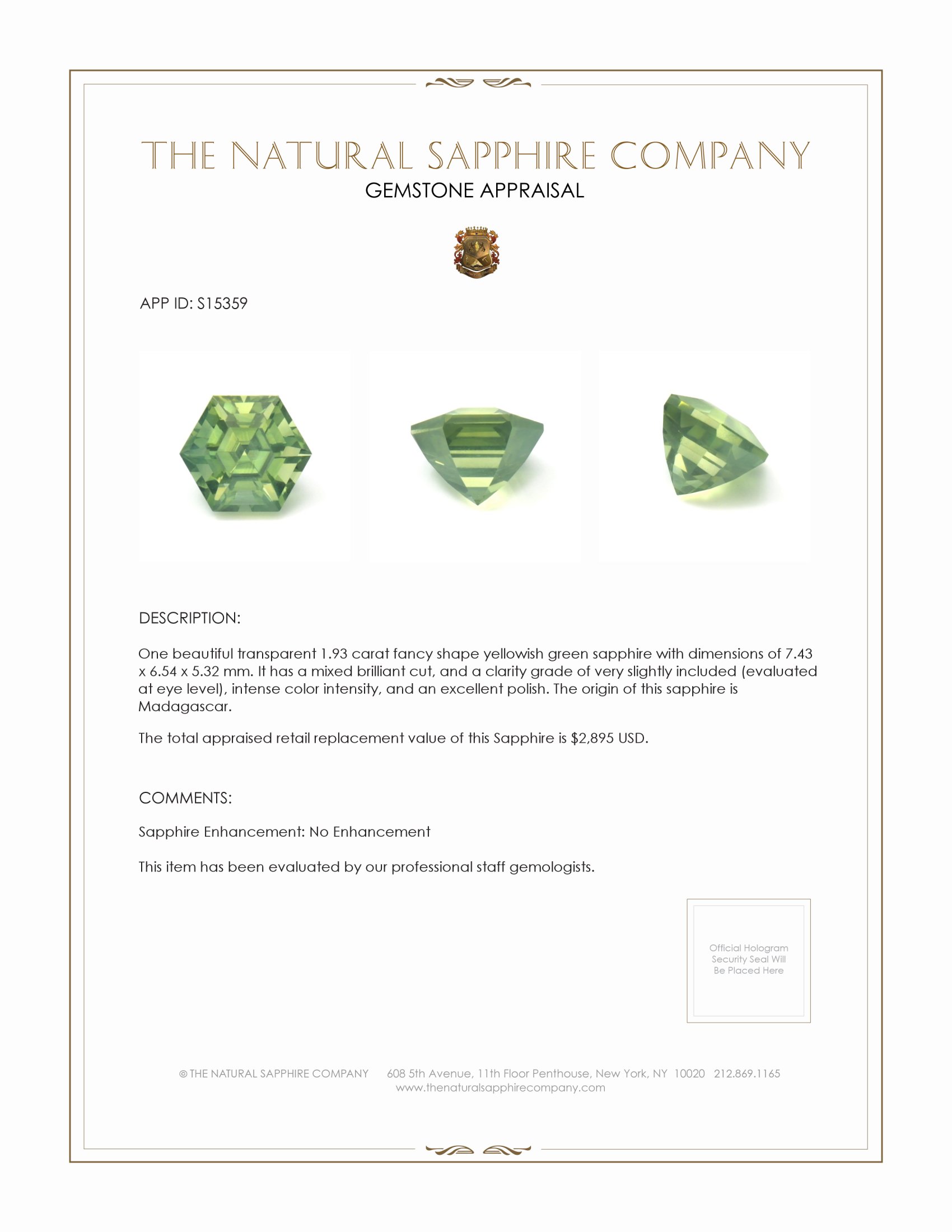1.93 Ct. Yellowish Green Sapphire from Madagascar