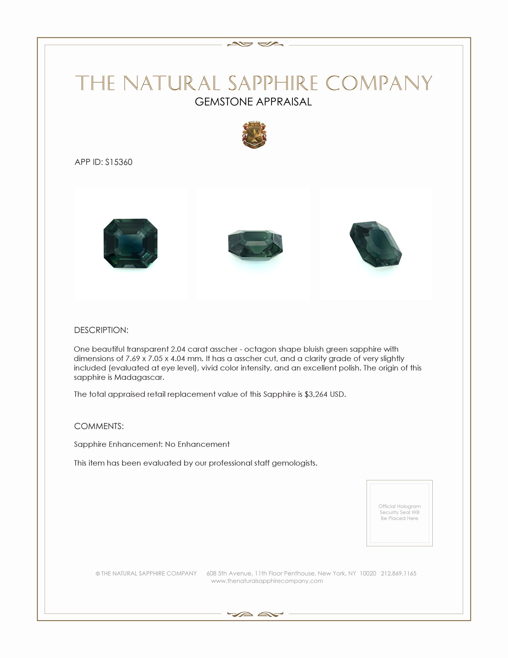 2.04 Ct. Bluish Green Sapphire from Madagascar