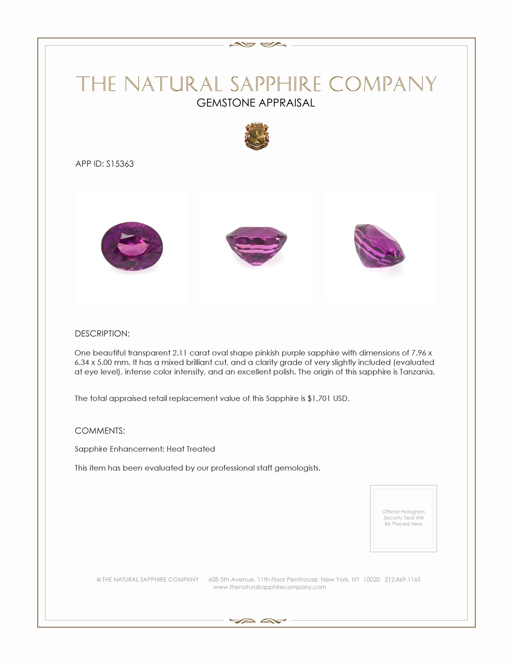 2.11 Ct. Pinkish Purple Sapphire from Tanzania