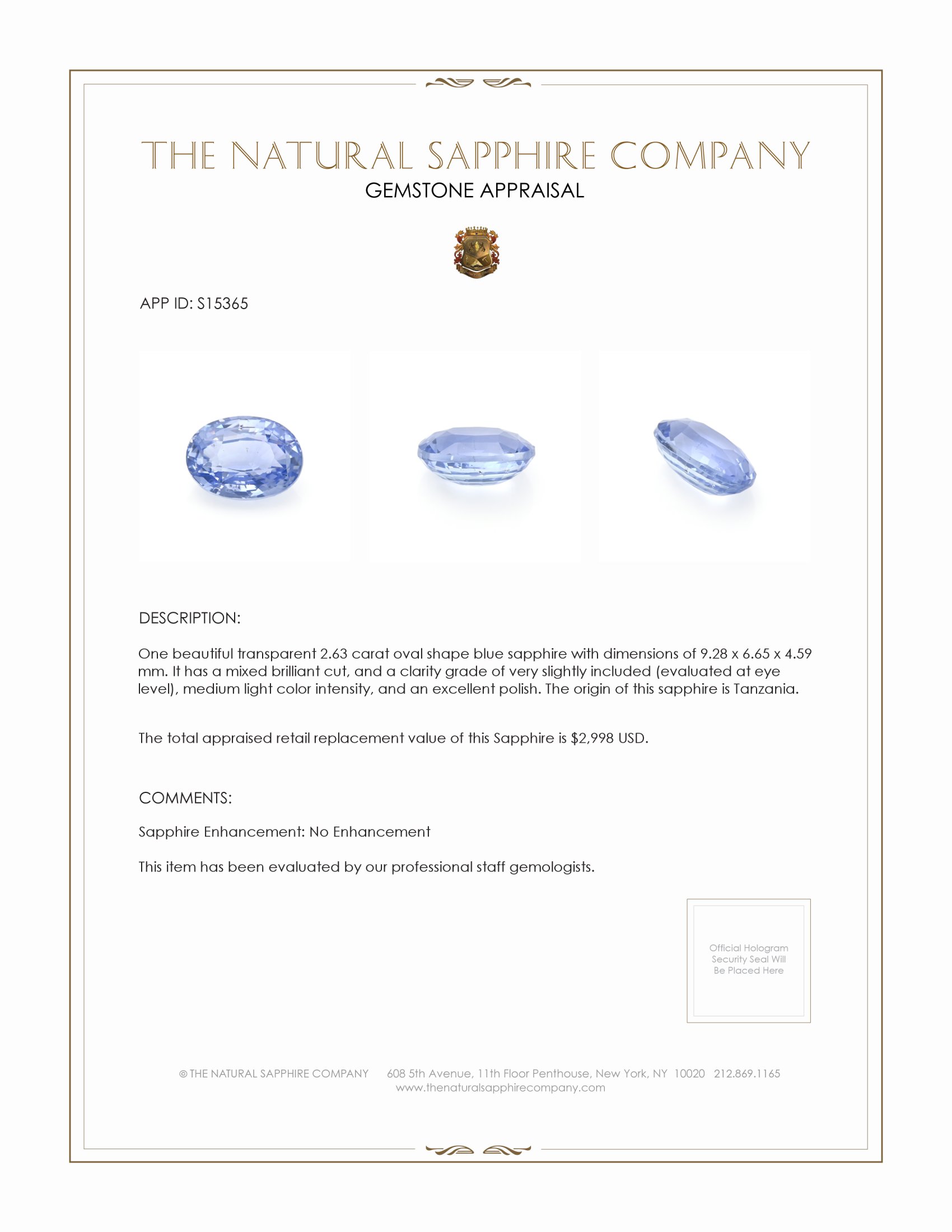 2.63 Ct. Blue Sapphire from Tanzania