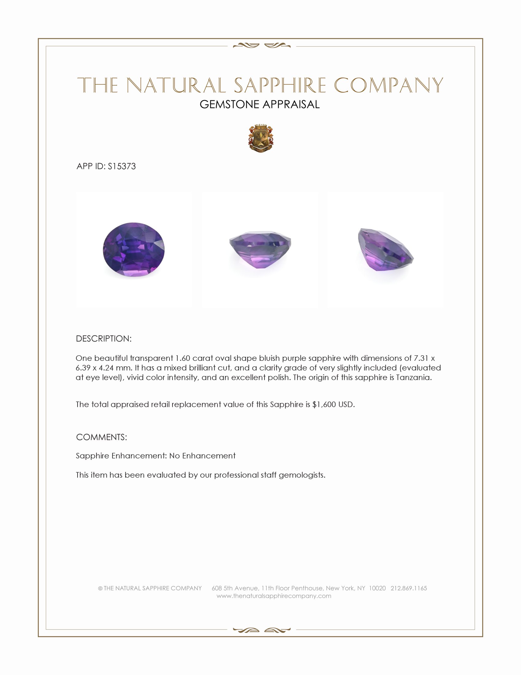 1.60 Ct. Bluish Purple Sapphire from Tanzania