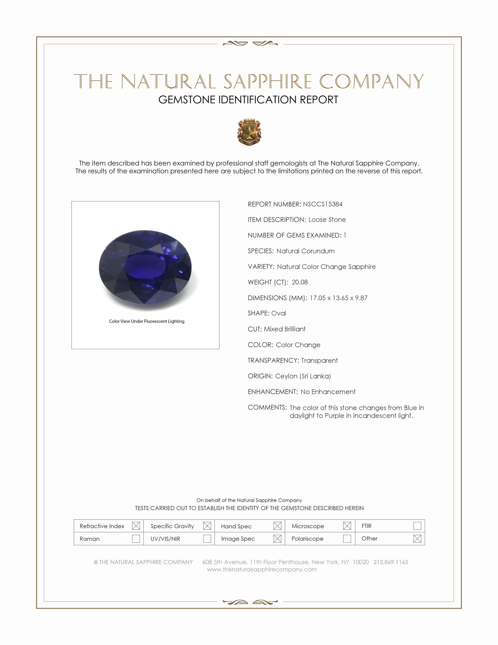 20.08 Ct. Color Change Sapphire from Ceylon (Sri Lanka)