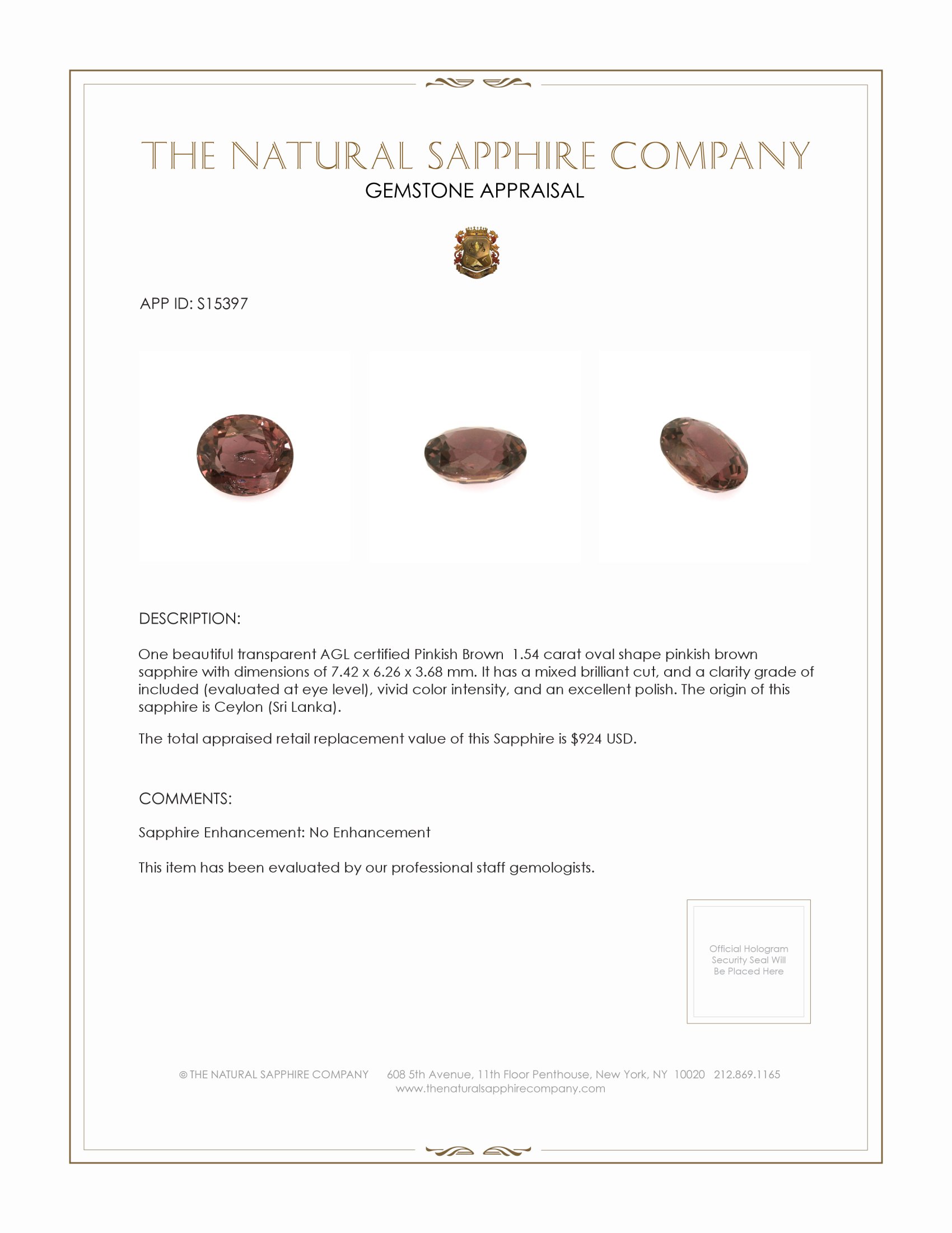 1.54 Ct. Pinkish Brown Sapphire from Ceylon (Sri Lanka)
