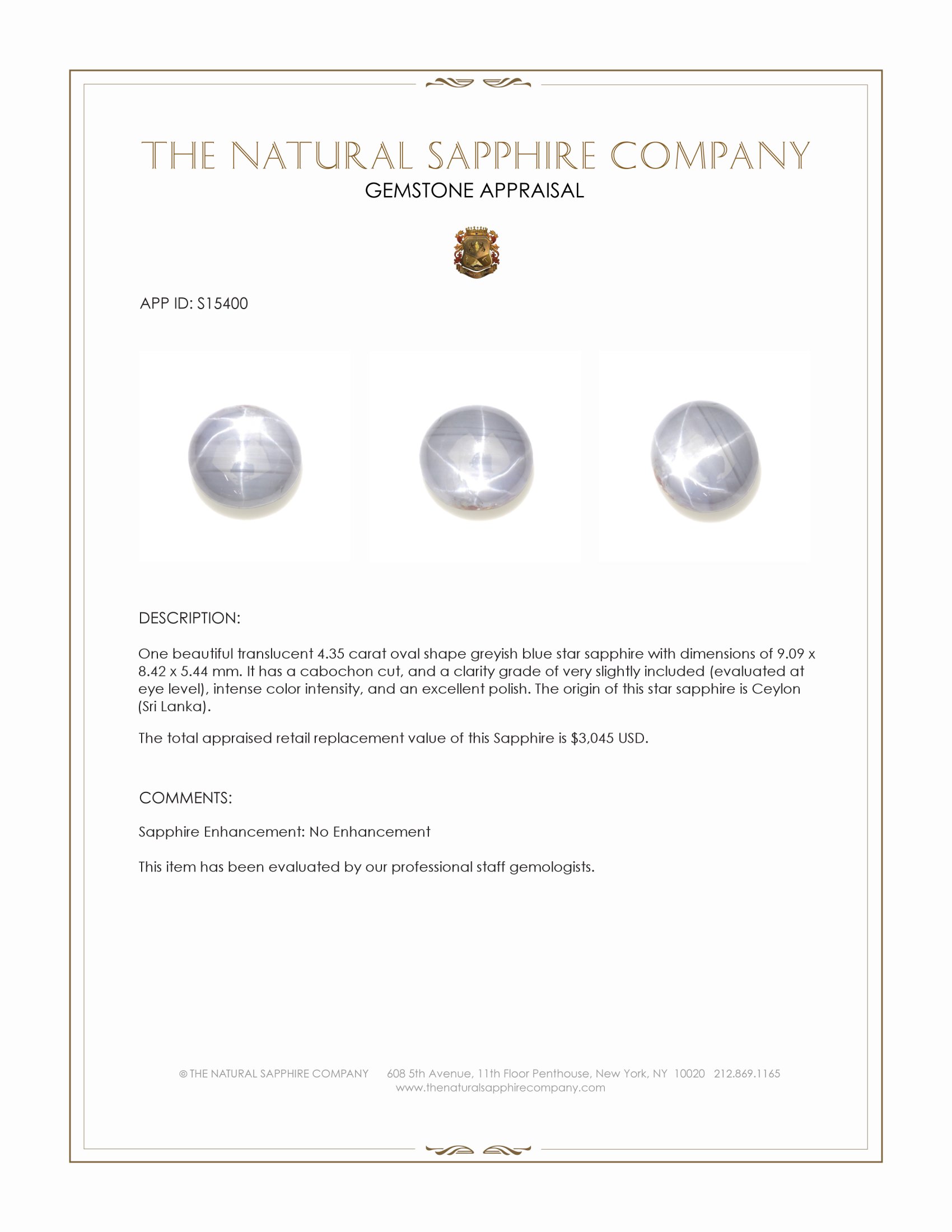 4.35 Ct. Greyish Blue Star Sapphire from Ceylon (Sri Lanka)