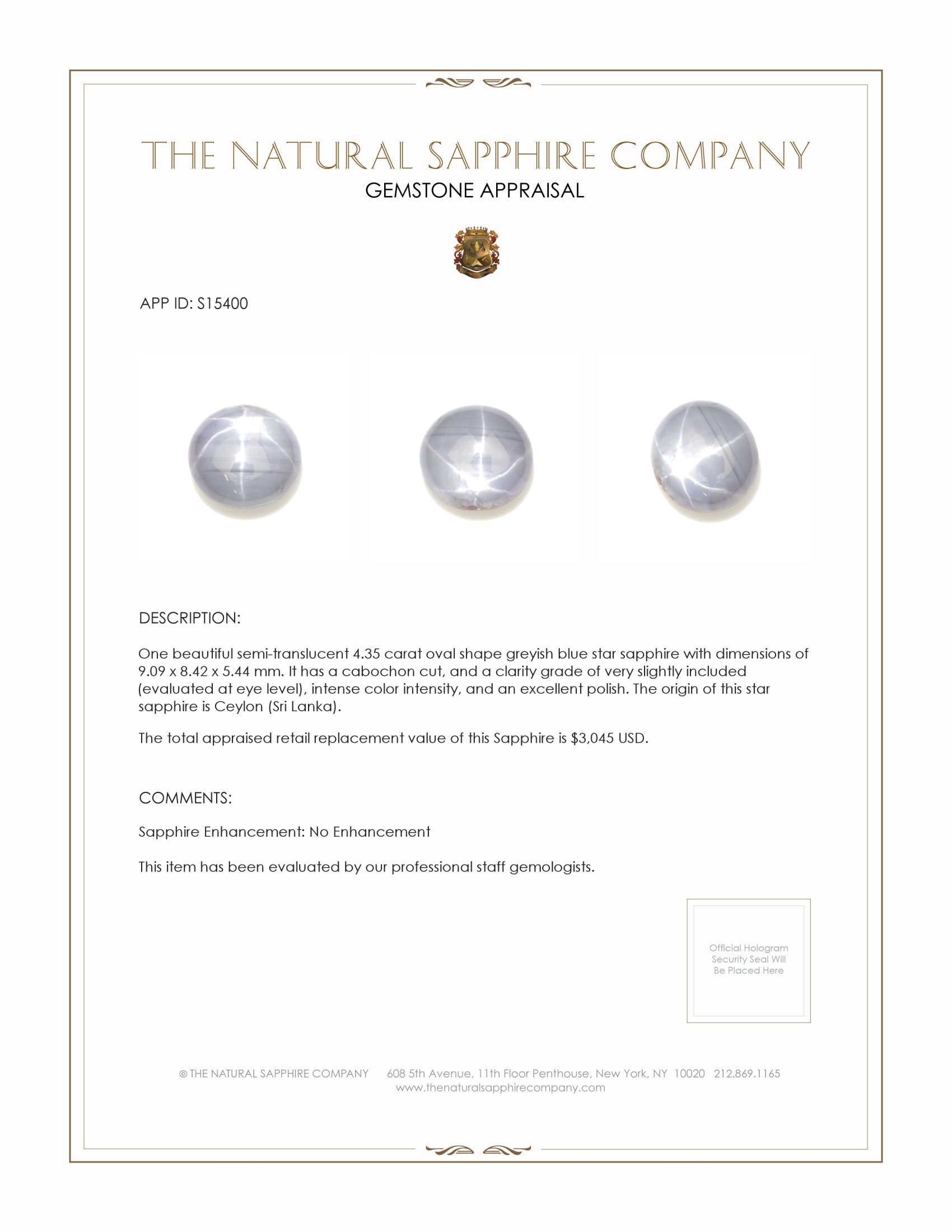 4.35 Ct. Greyish Blue Star Sapphire from Ceylon (Sri Lanka)