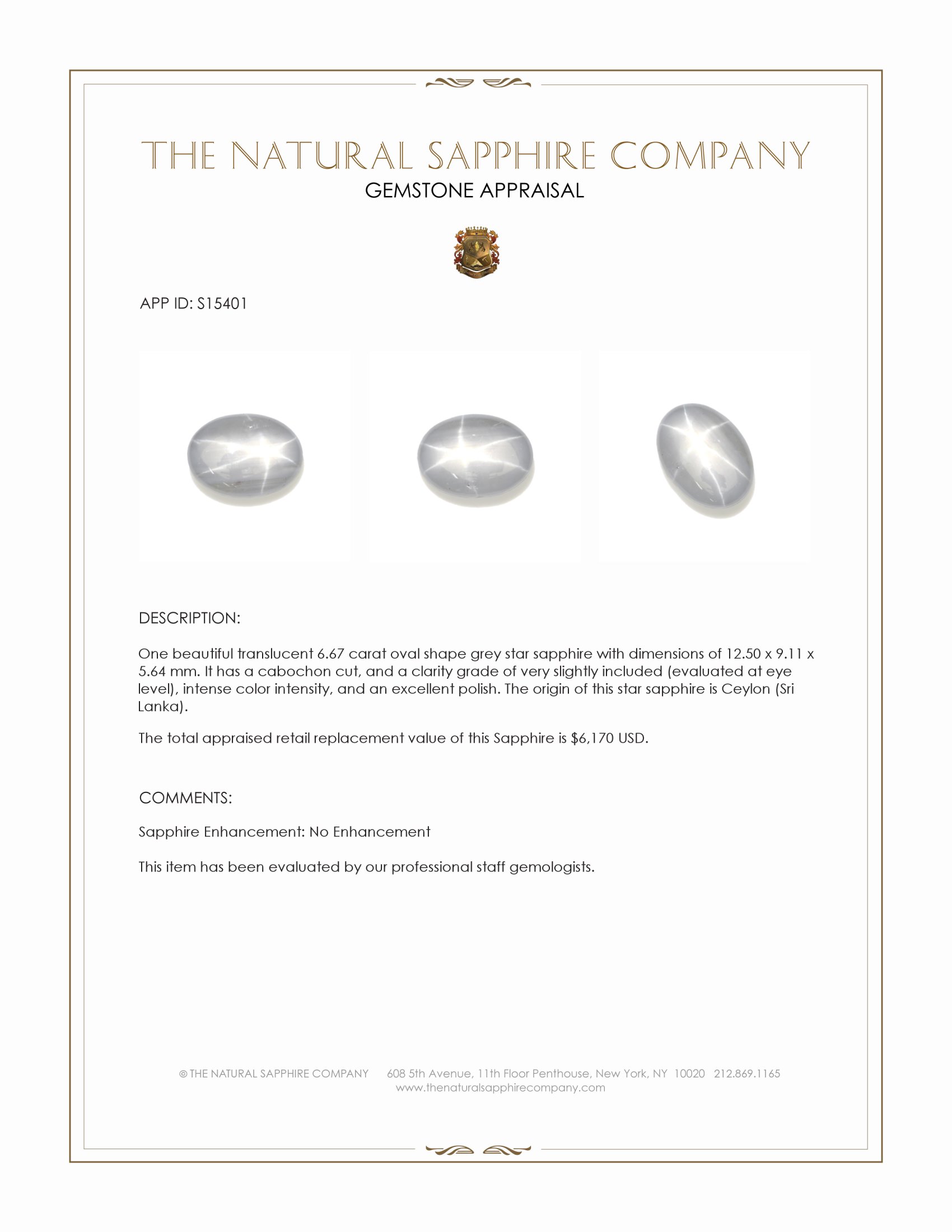 6.67 Ct. Grey Star Sapphire from Ceylon (Sri Lanka)