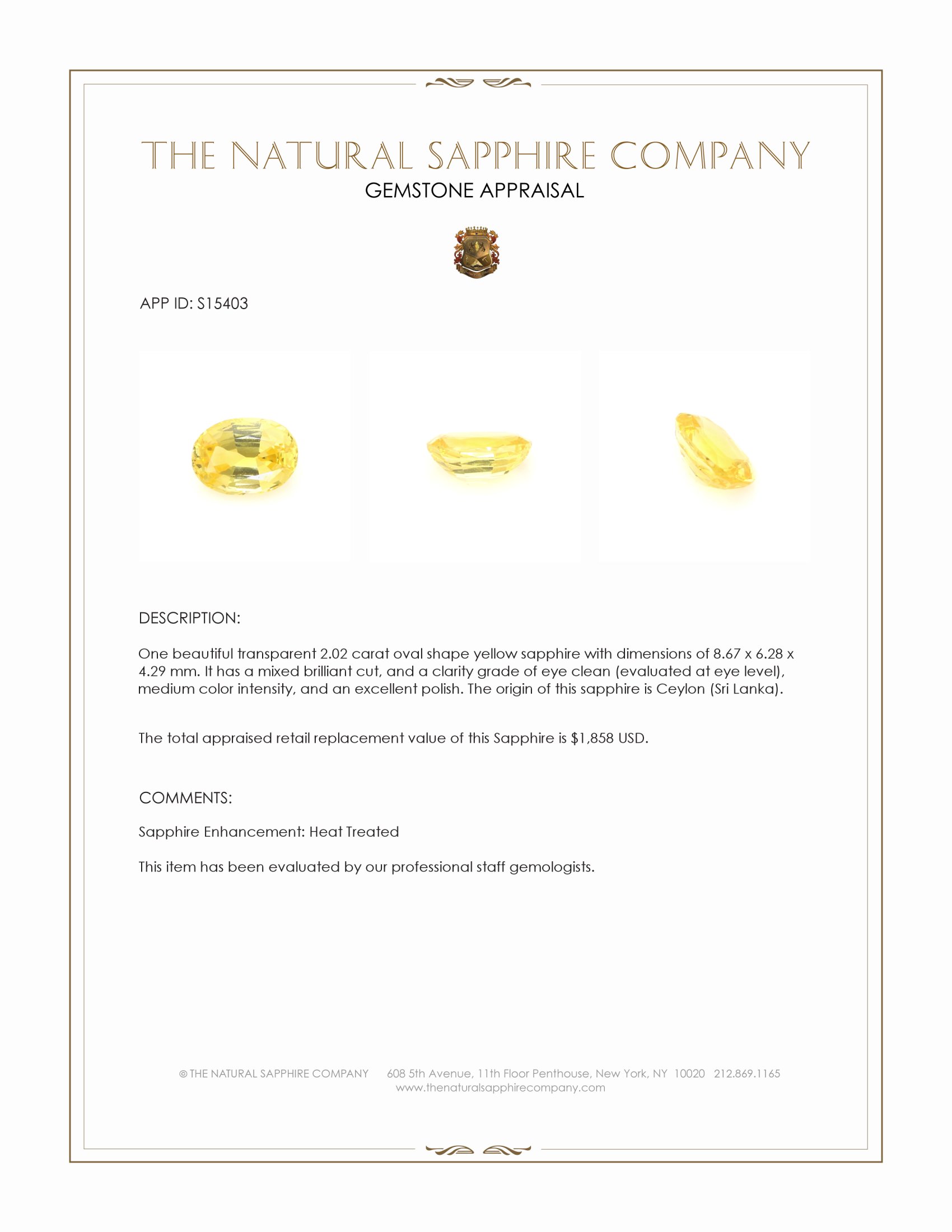 2.02 Ct. Yellow Sapphire from Ceylon (Sri Lanka)
