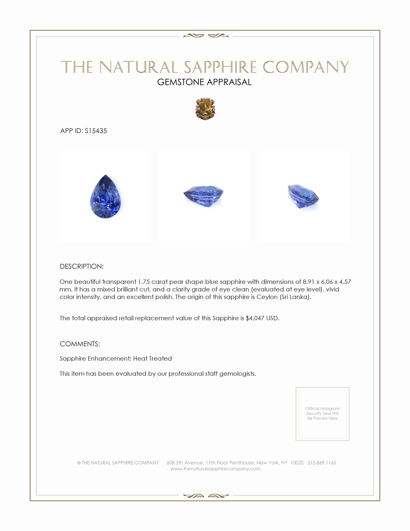 1.75 Ct. Blue Sapphire from Ceylon (Sri Lanka)