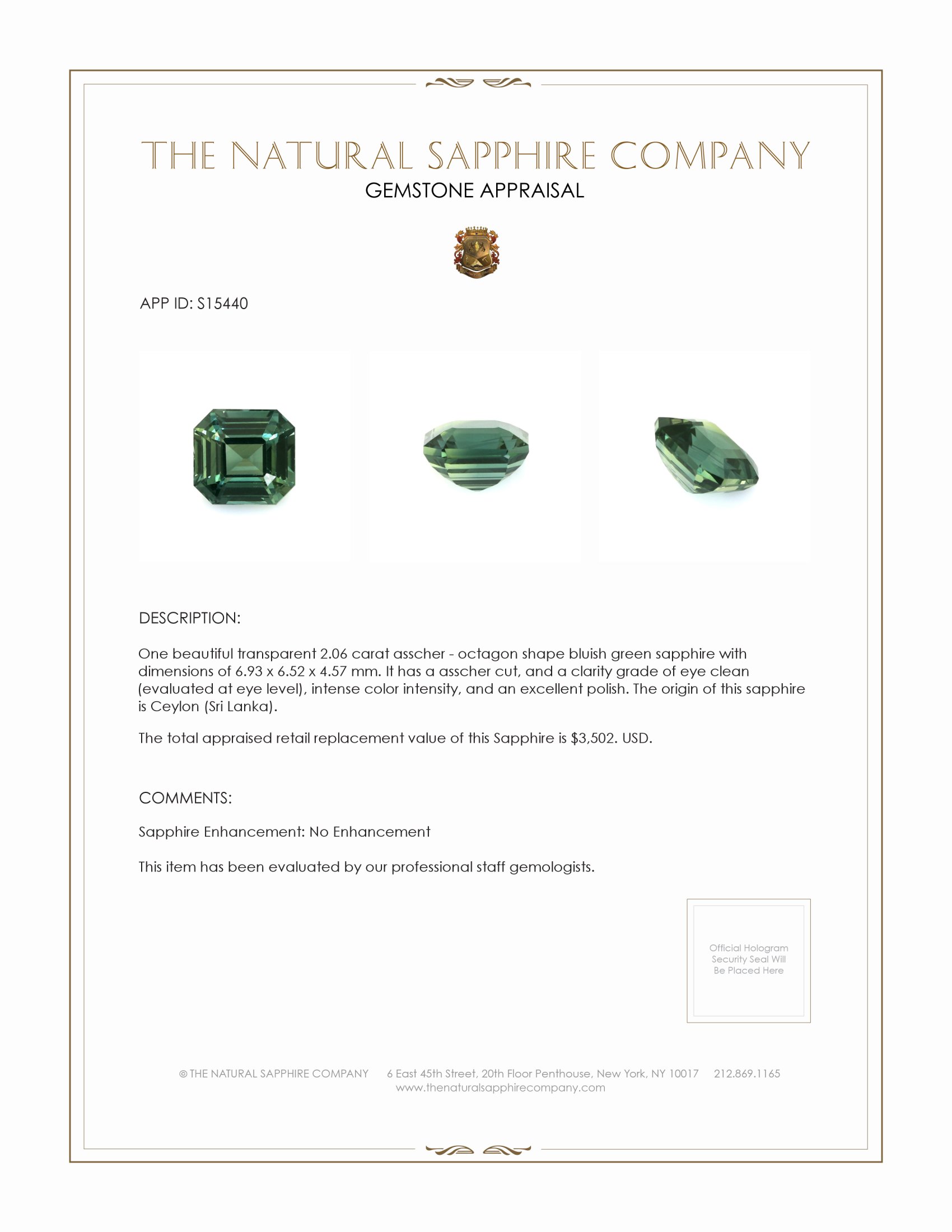 2.06 Ct. Bluish Green Sapphire from Ceylon (Sri Lanka)
