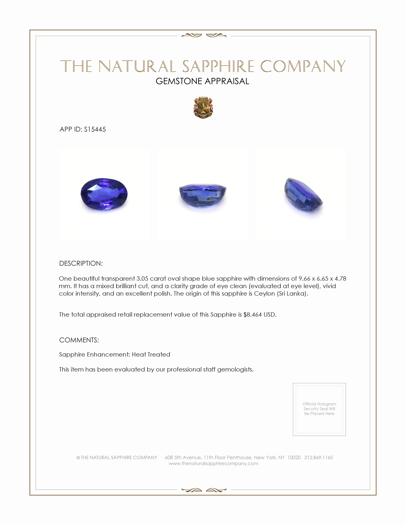 3.05 Ct. Blue Sapphire from Ceylon (Sri Lanka)