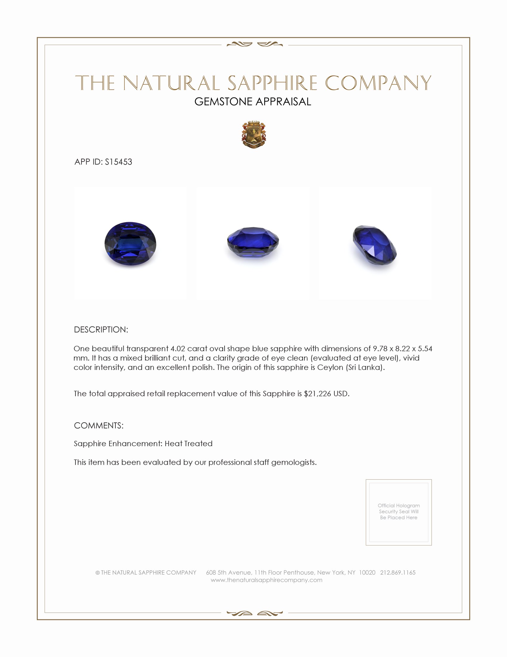 4.02 Ct. Blue Sapphire from Ceylon (Sri Lanka)