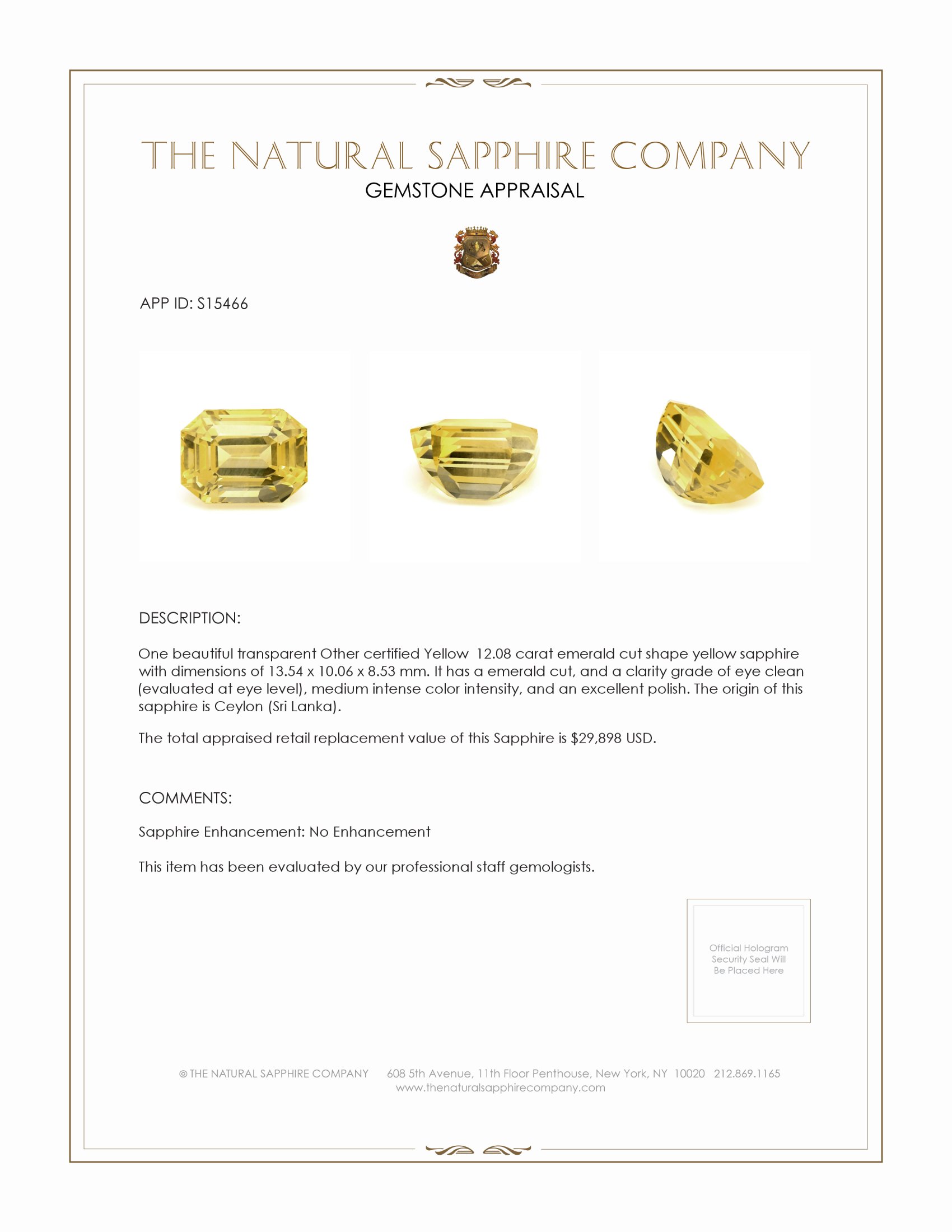 12.08 Ct. Yellow Sapphire from Ceylon (Sri Lanka)