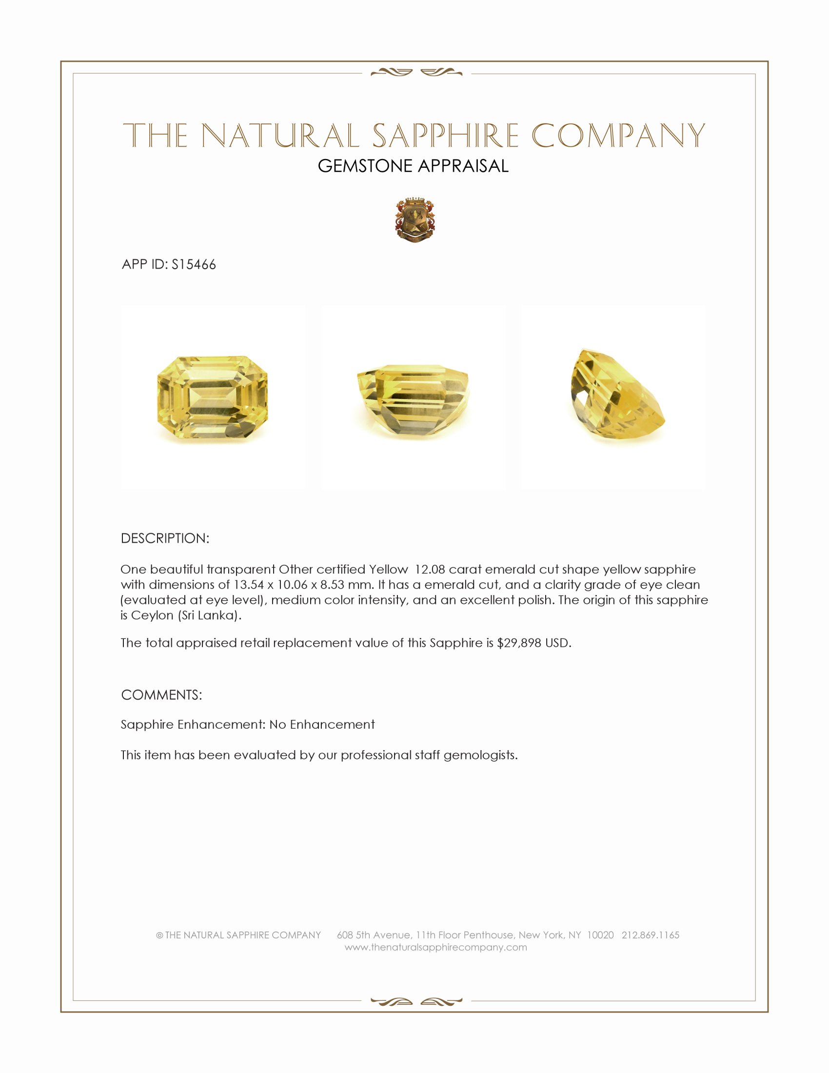 12.08 Ct. Yellow Sapphire from Ceylon (Sri Lanka)