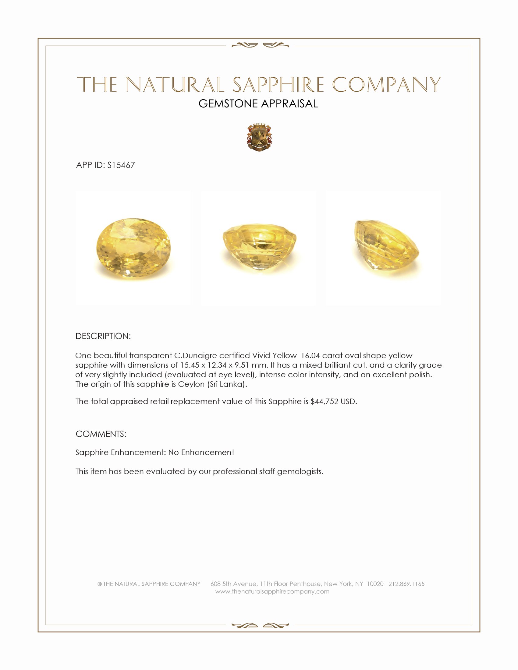 16.04 Ct. Yellow Sapphire from Ceylon (Sri Lanka)