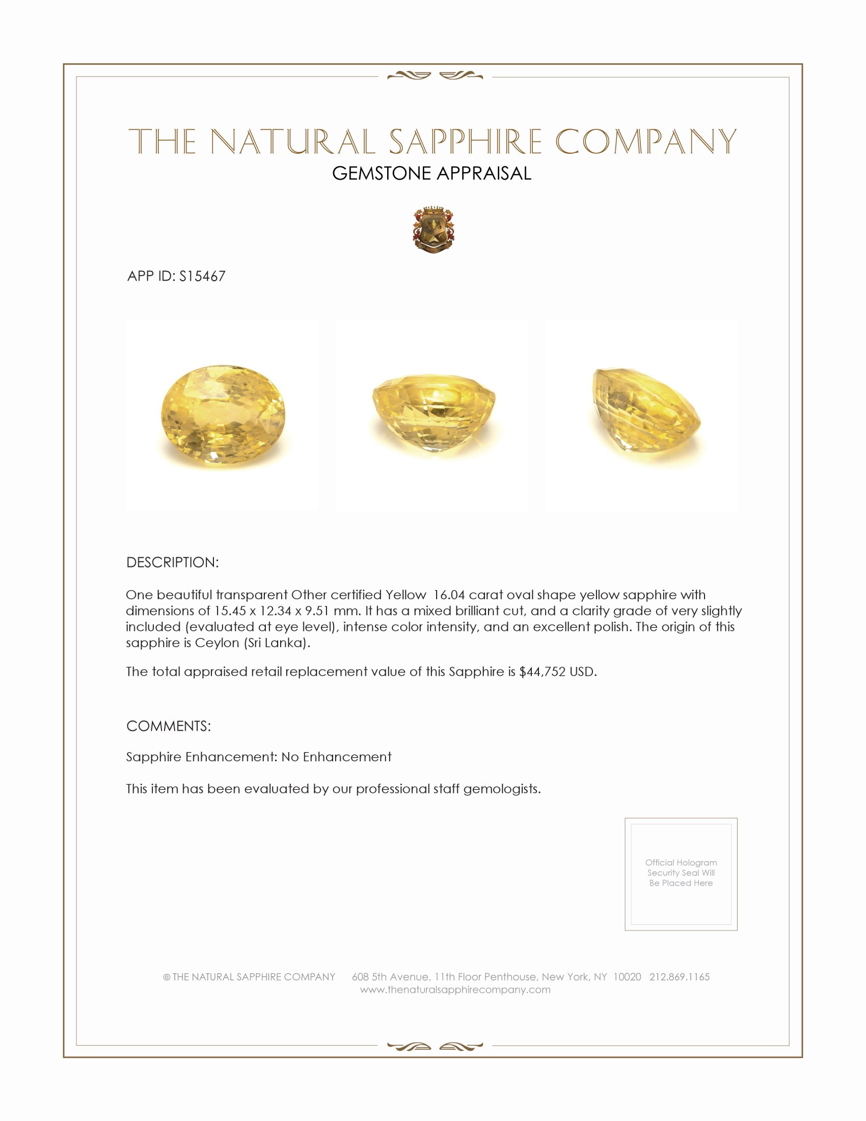 16.04 Ct. Yellow Sapphire from Ceylon (Sri Lanka)