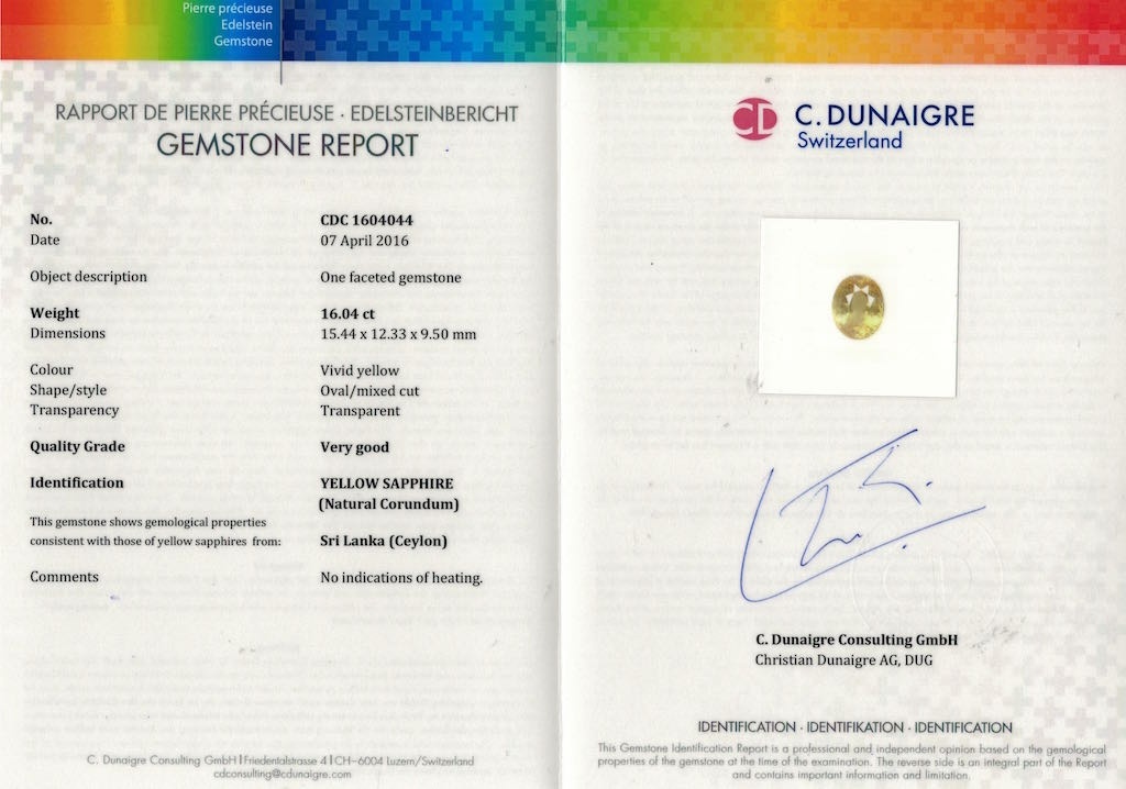 16.04 Ct. Yellow Sapphire from Ceylon (Sri Lanka)