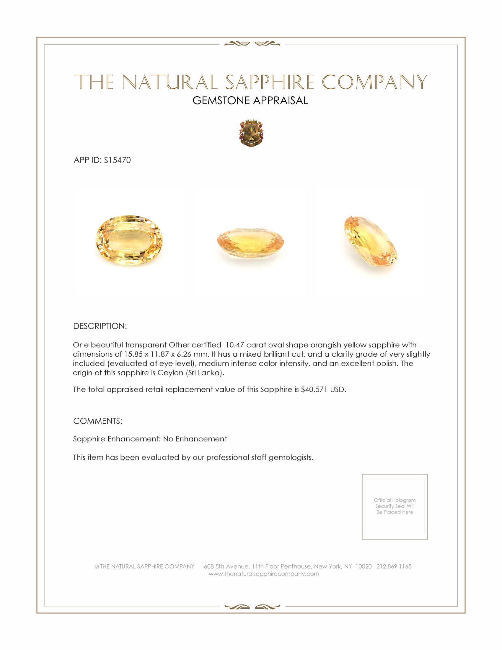 10.47 Ct. Orangish Yellow Sapphire from Ceylon (Sri Lanka)