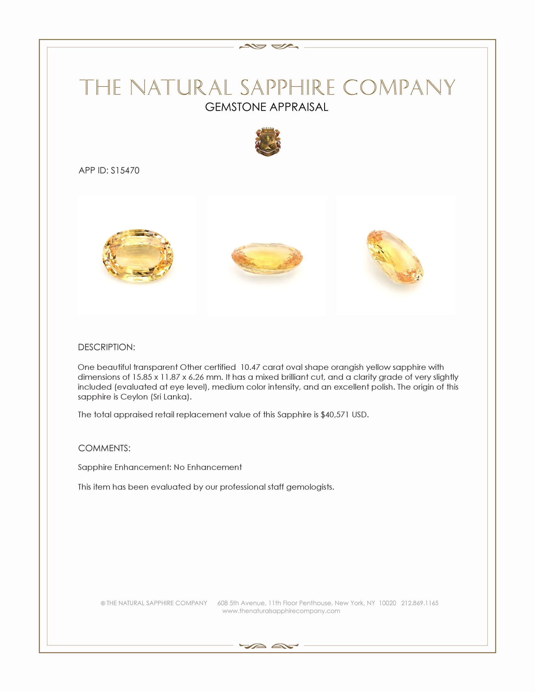 10.47 Ct. Orangish Yellow Sapphire from Ceylon (Sri Lanka)