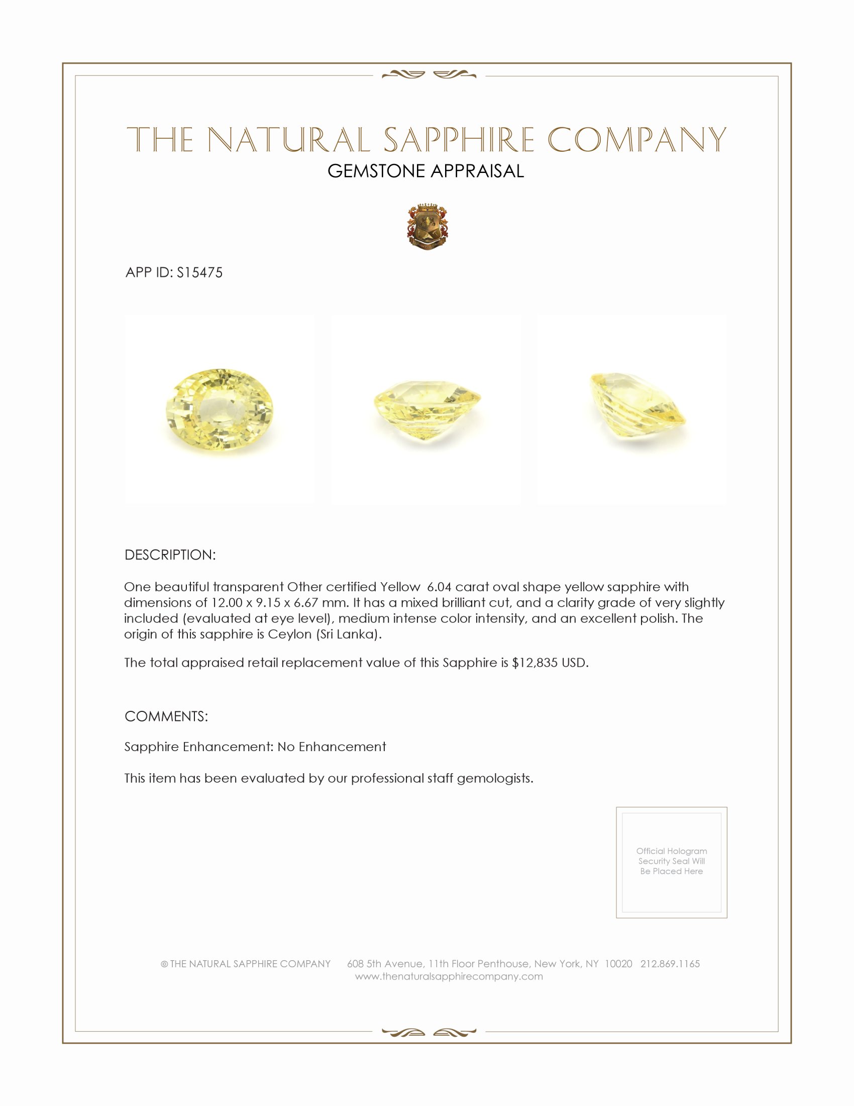 6.04 Ct. Yellow Sapphire from Ceylon (Sri Lanka)