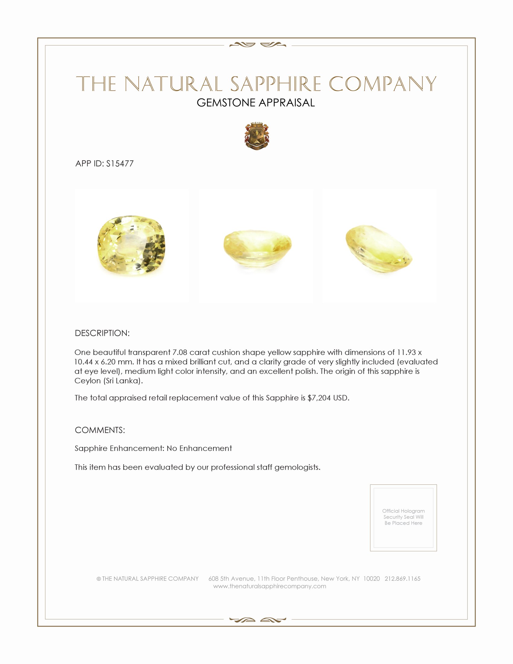 7.08 Ct. Yellow Sapphire from Ceylon (Sri Lanka)