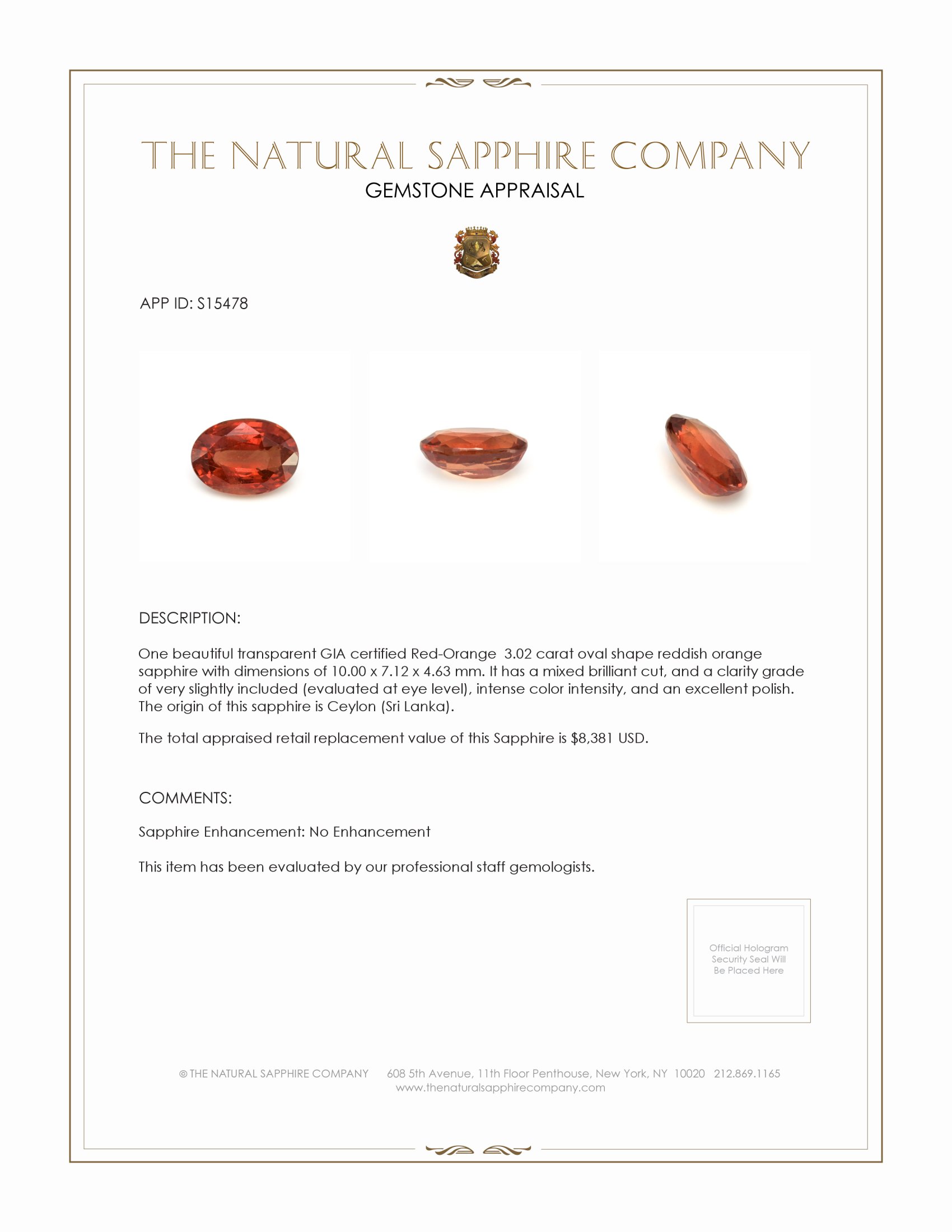 3.02 Ct. Reddish Orange Sapphire from Ceylon (Sri Lanka)