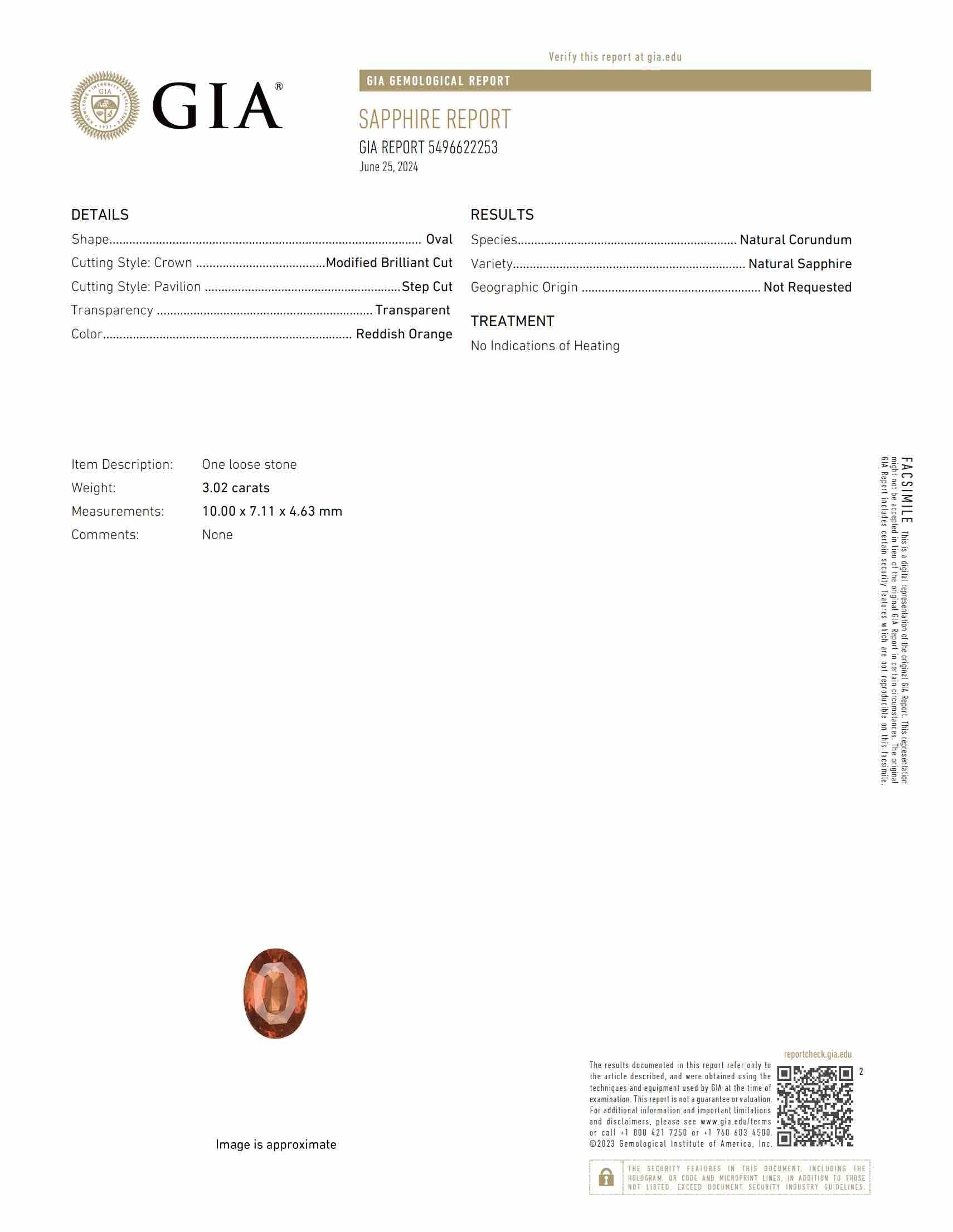 3.02 Ct. Reddish Orange Sapphire from Ceylon (Sri Lanka)