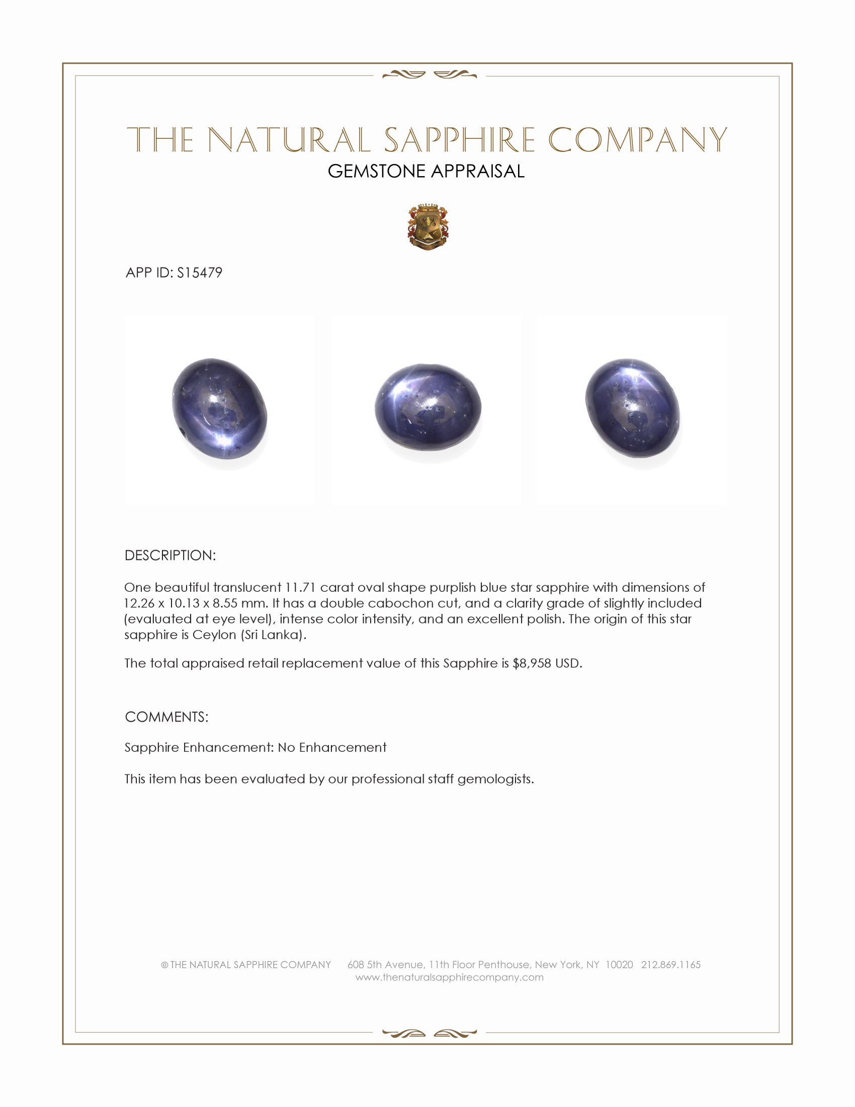 11.71 Ct. Purplish Blue Star Sapphire from Ceylon (Sri Lanka)