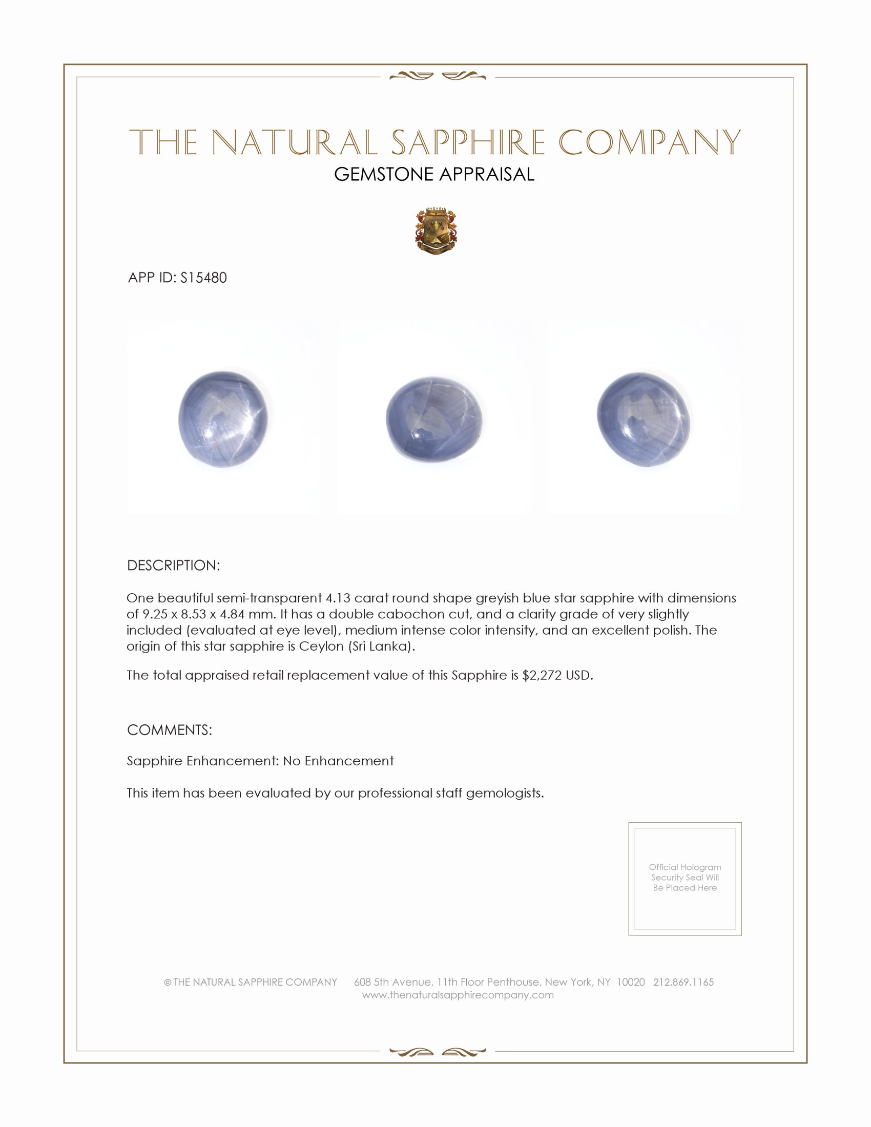 4.13 Ct. Greyish Blue Star Sapphire from Ceylon (Sri Lanka)