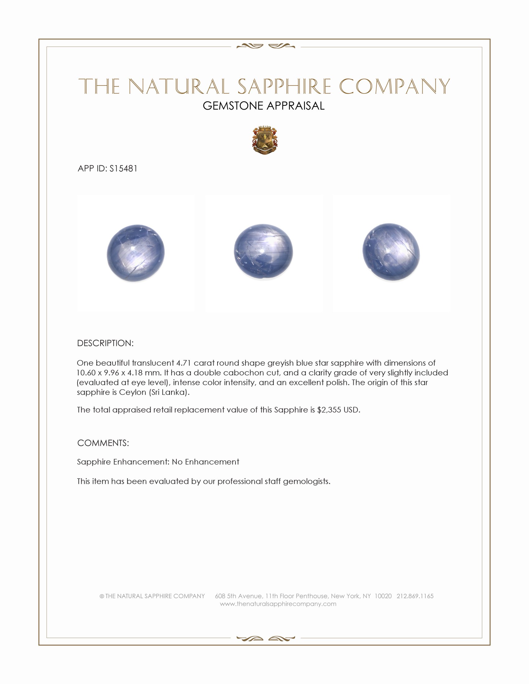4.71 Ct. Greyish Blue Star Sapphire from Ceylon (Sri Lanka)